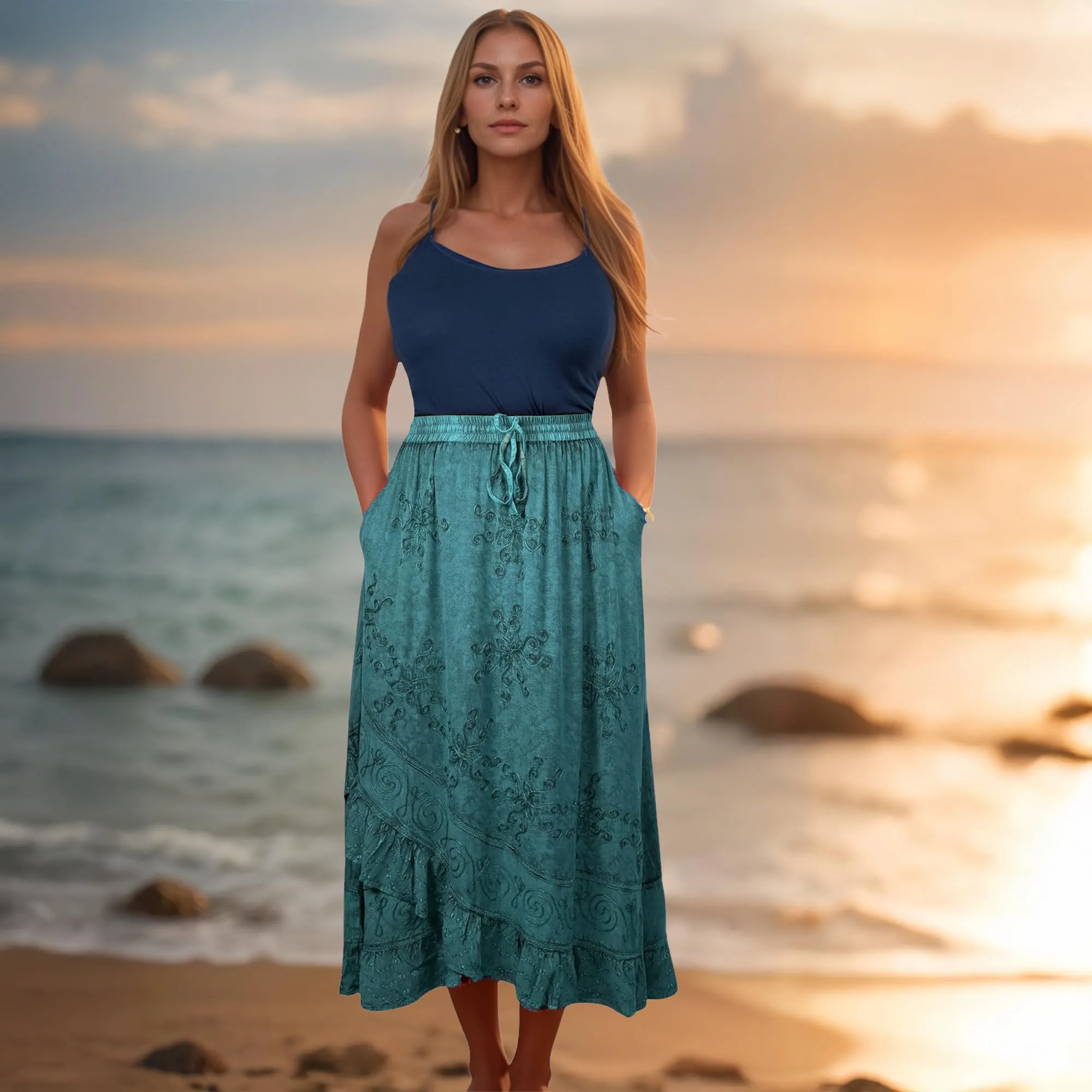702 SKT Women's Boho Elastic Waistband Embroidered A Line Flared Maxi Skirt