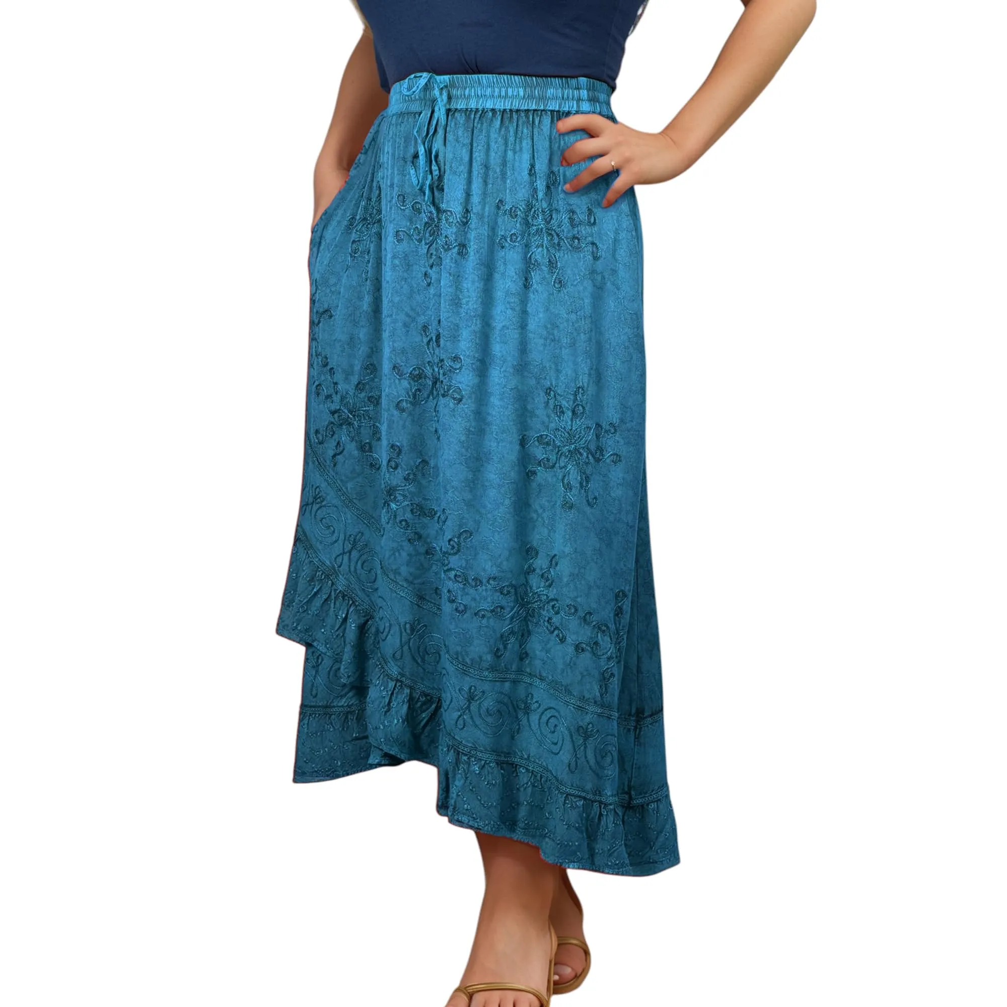 702 SKT Women's Boho Elastic Waistband Embroidered A Line Flared Maxi Skirt