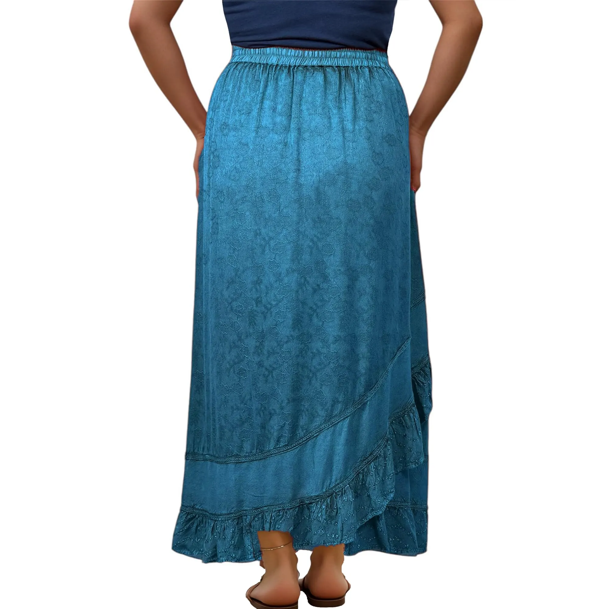 702 SKT Women's Boho Elastic Waistband Embroidered A Line Flared Maxi Skirt