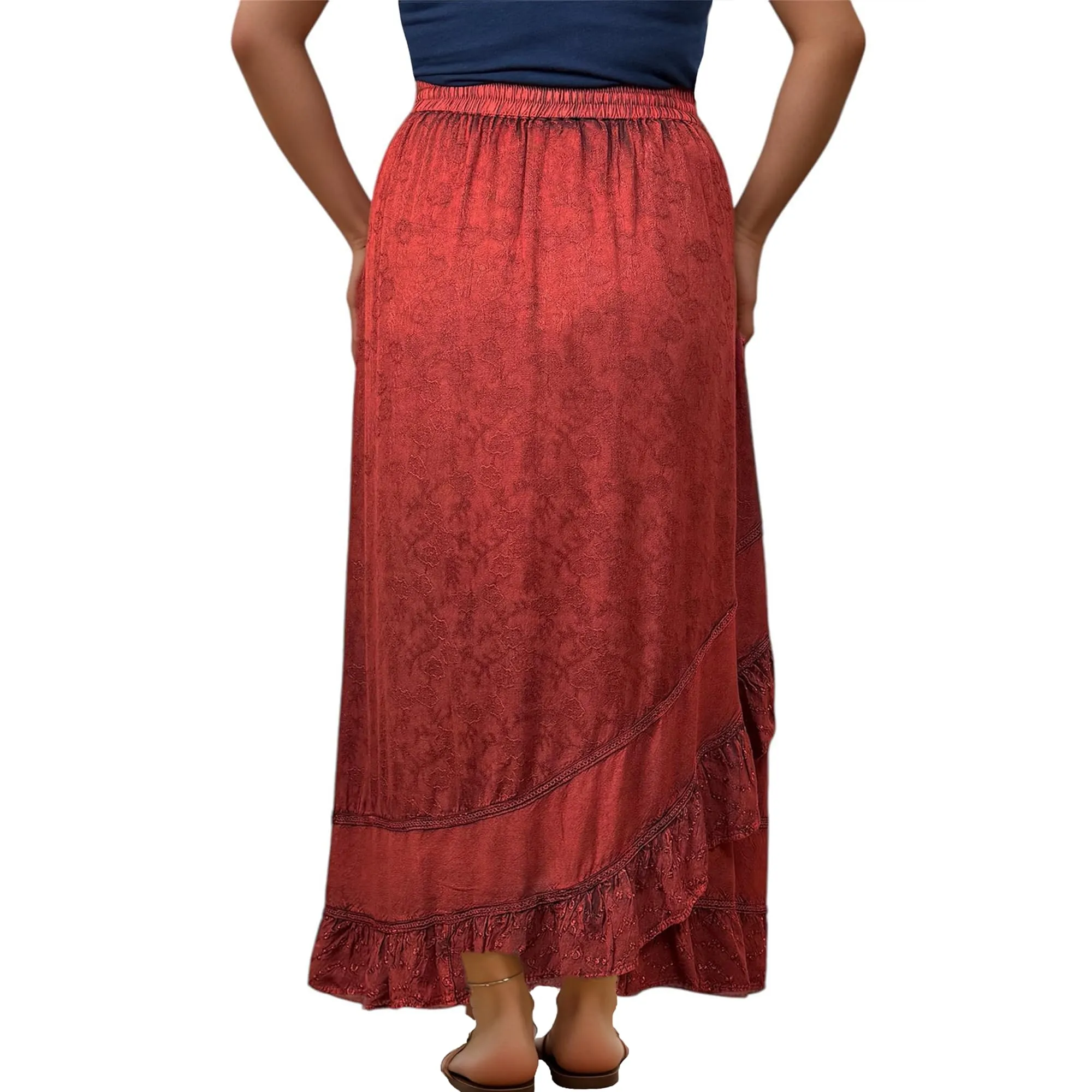 702 SKT Women's Boho Elastic Waistband Embroidered A Line Flared Maxi Skirt
