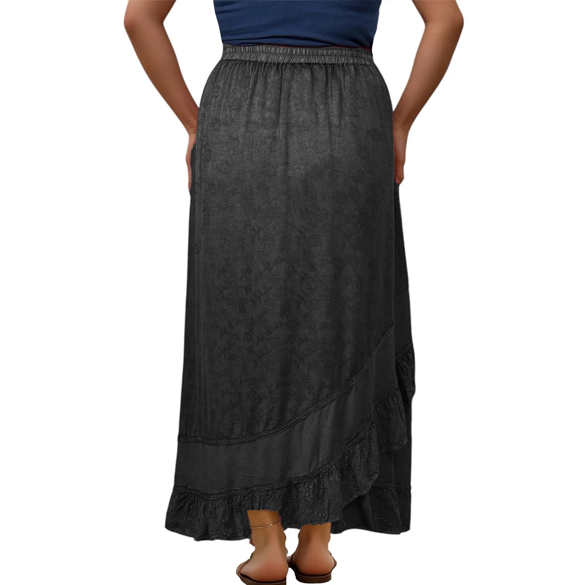 702 SKT Women's Boho Elastic Waistband Embroidered A Line Flared Maxi Skirt