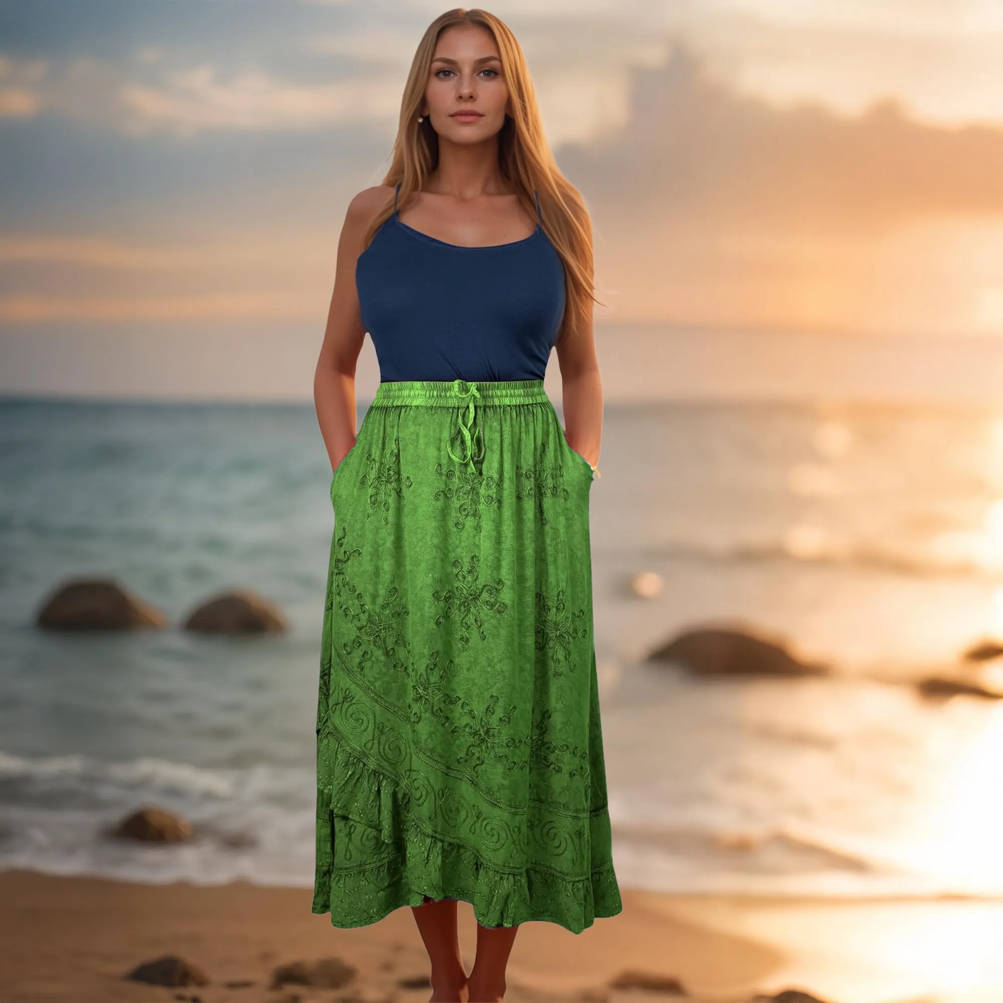 702 SKT Women's Boho Elastic Waistband Embroidered A Line Flared Maxi Skirt