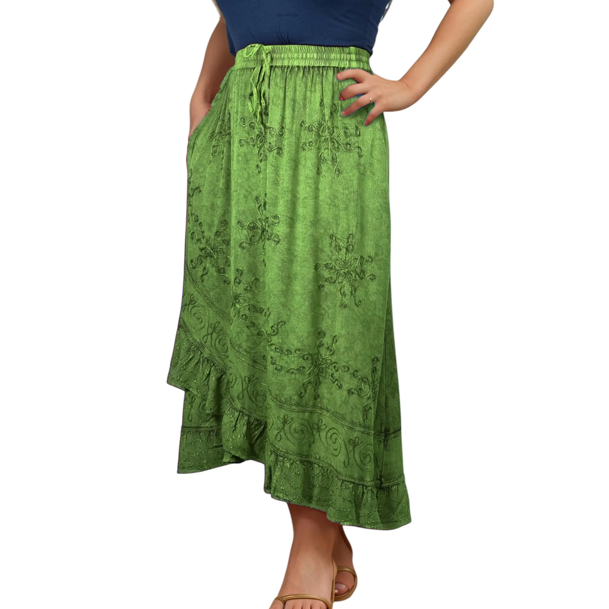 702 SKT Women's Boho Elastic Waistband Embroidered A Line Flared Maxi Skirt