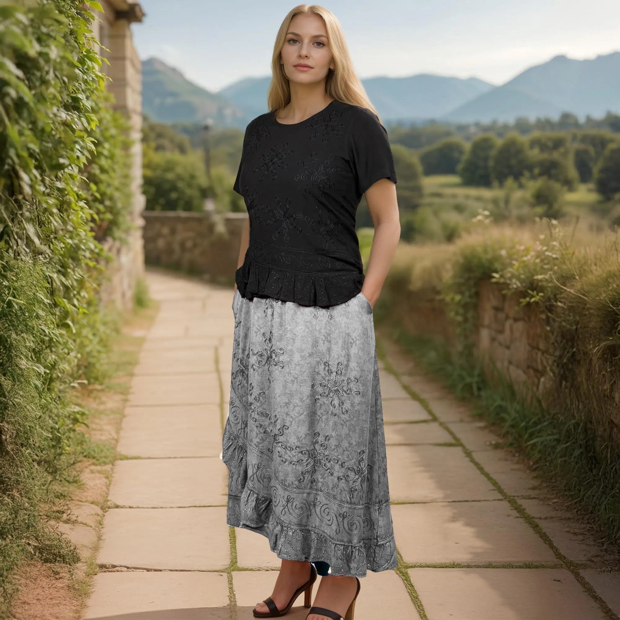 702 SKT Women's Boho Elastic Waistband Embroidered A Line Flared Maxi Skirt
