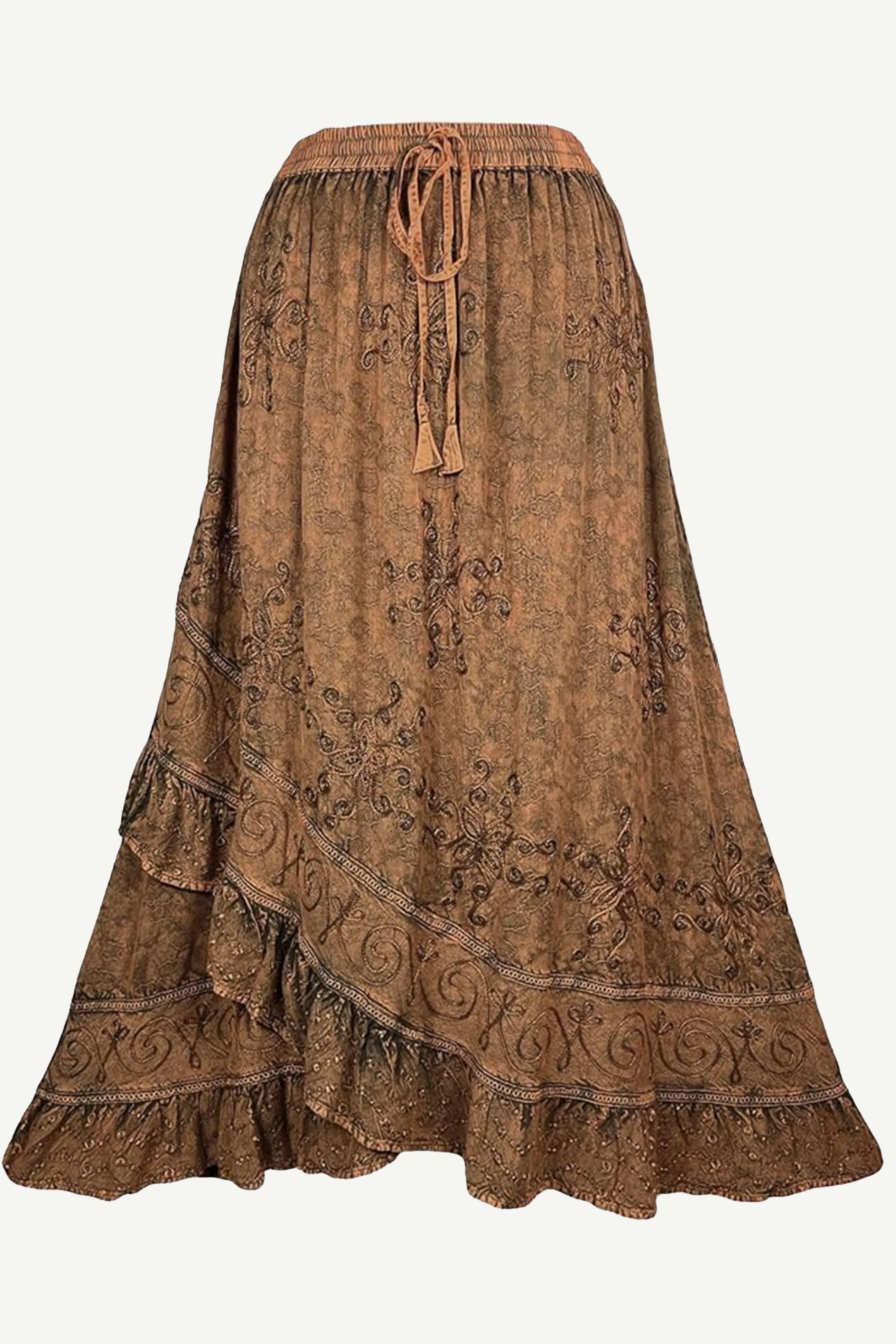 702 SKT Women's Boho Elastic Waistband Embroidered A Line Flared Maxi Skirt