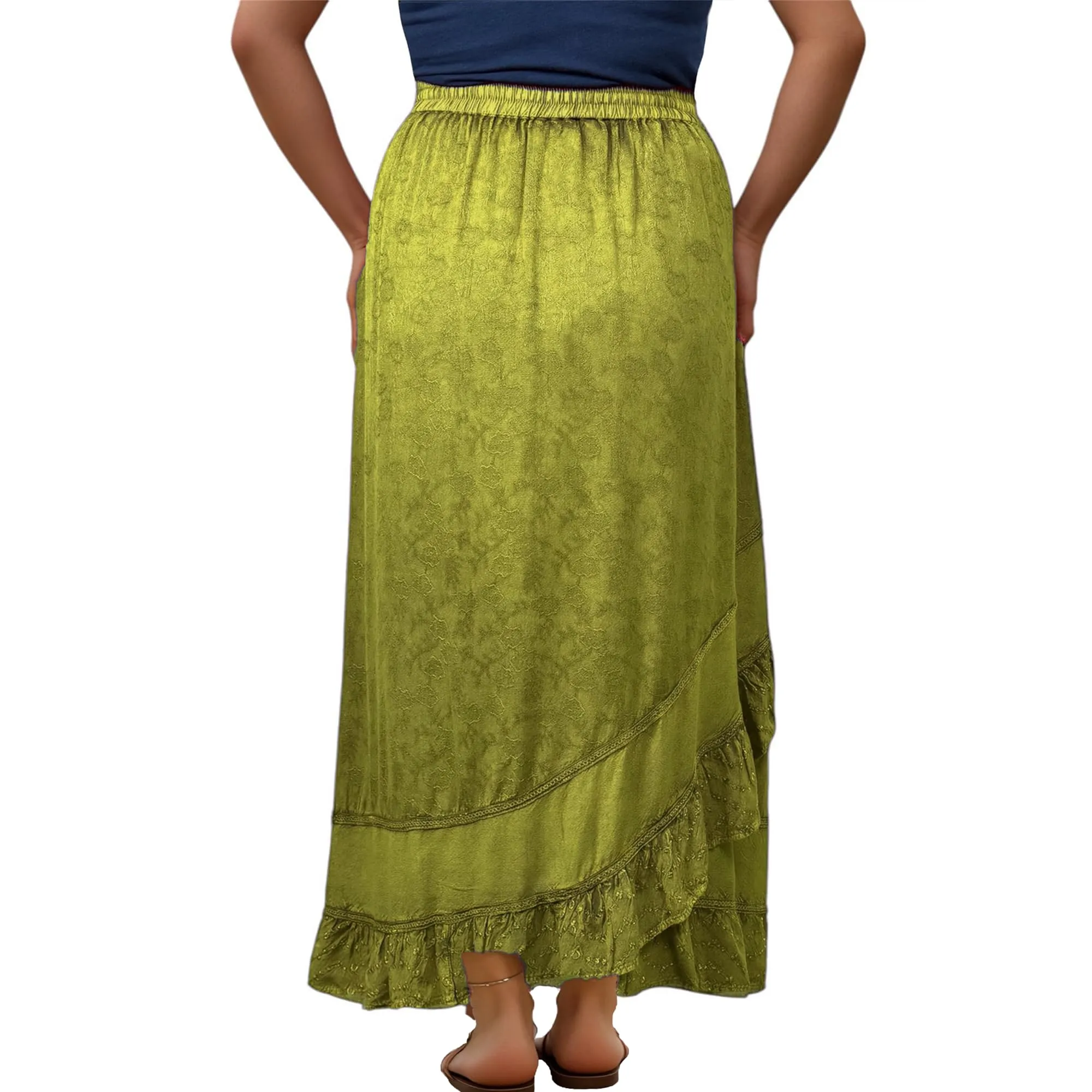 702 SKT Women's Boho Elastic Waistband Embroidered A Line Flared Maxi Skirt