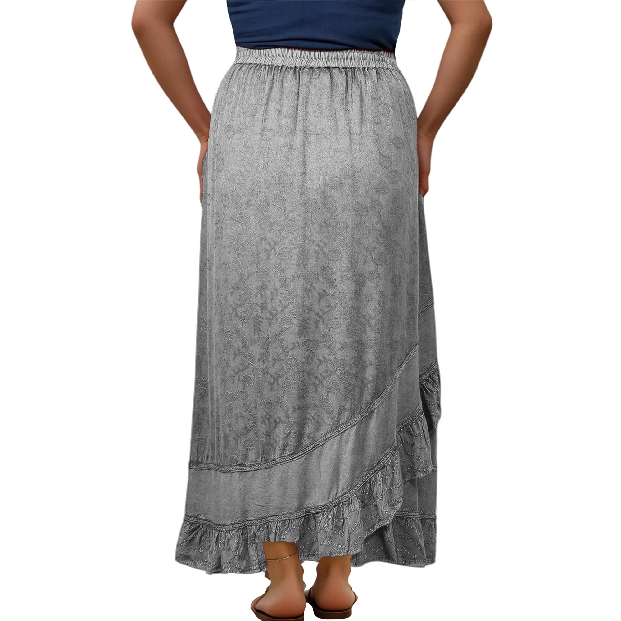702 SKT Women's Boho Elastic Waistband Embroidered A Line Flared Maxi Skirt