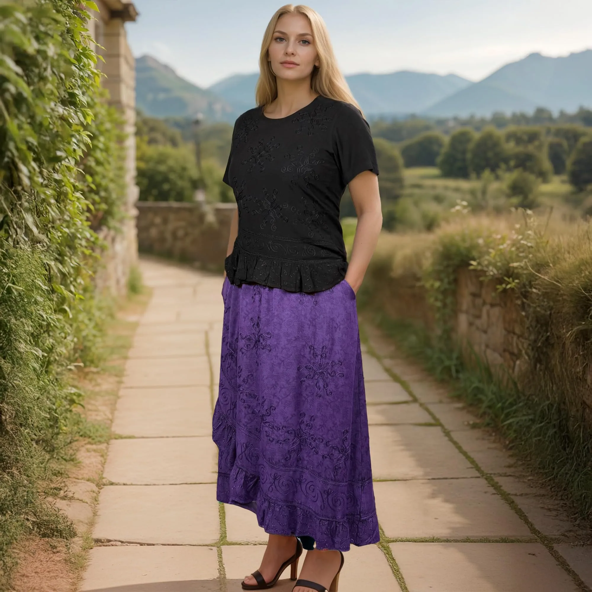 702 SKT Women's Boho Elastic Waistband Embroidered A Line Flared Maxi Skirt