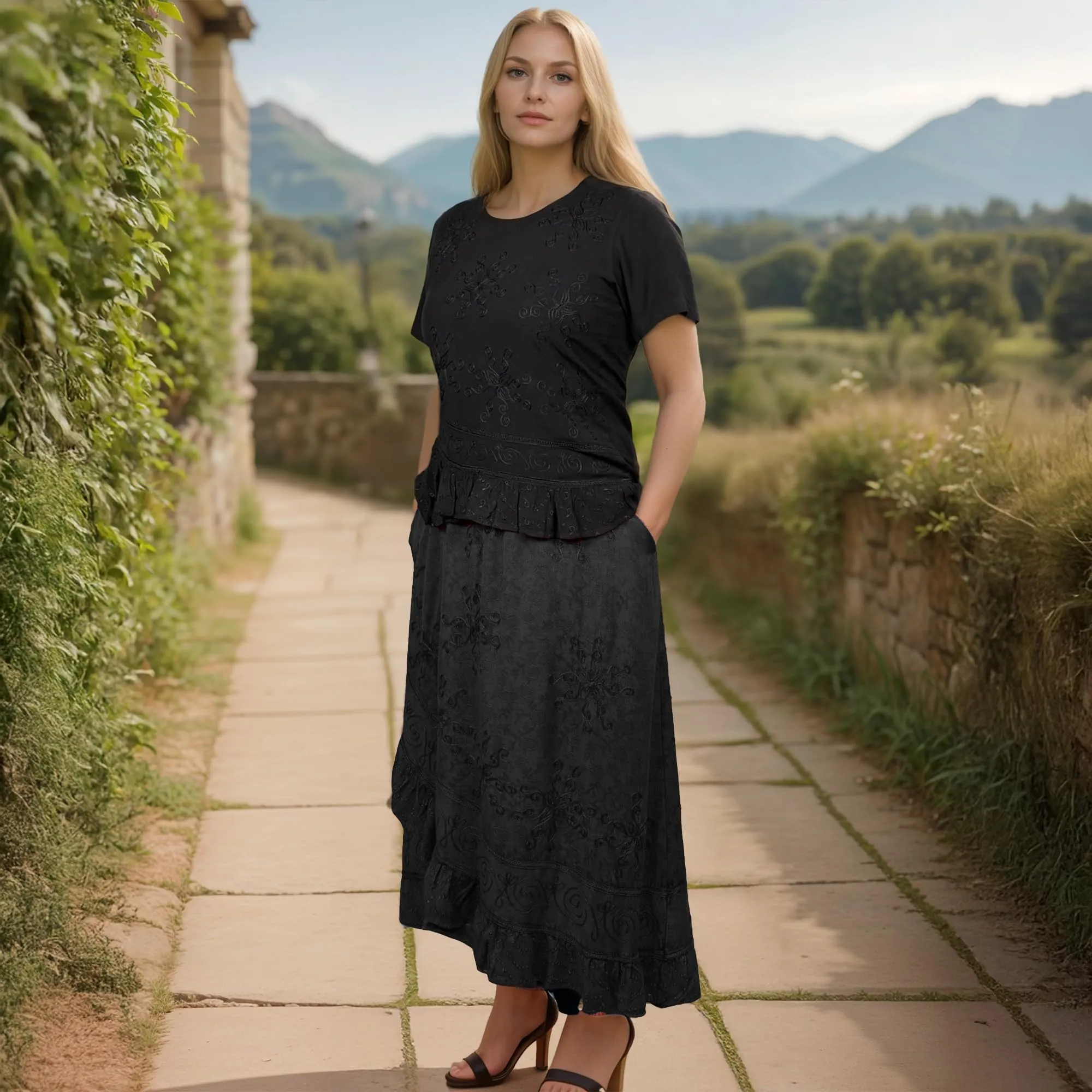 702 SKT Women's Boho Elastic Waistband Embroidered A Line Flared Maxi Skirt