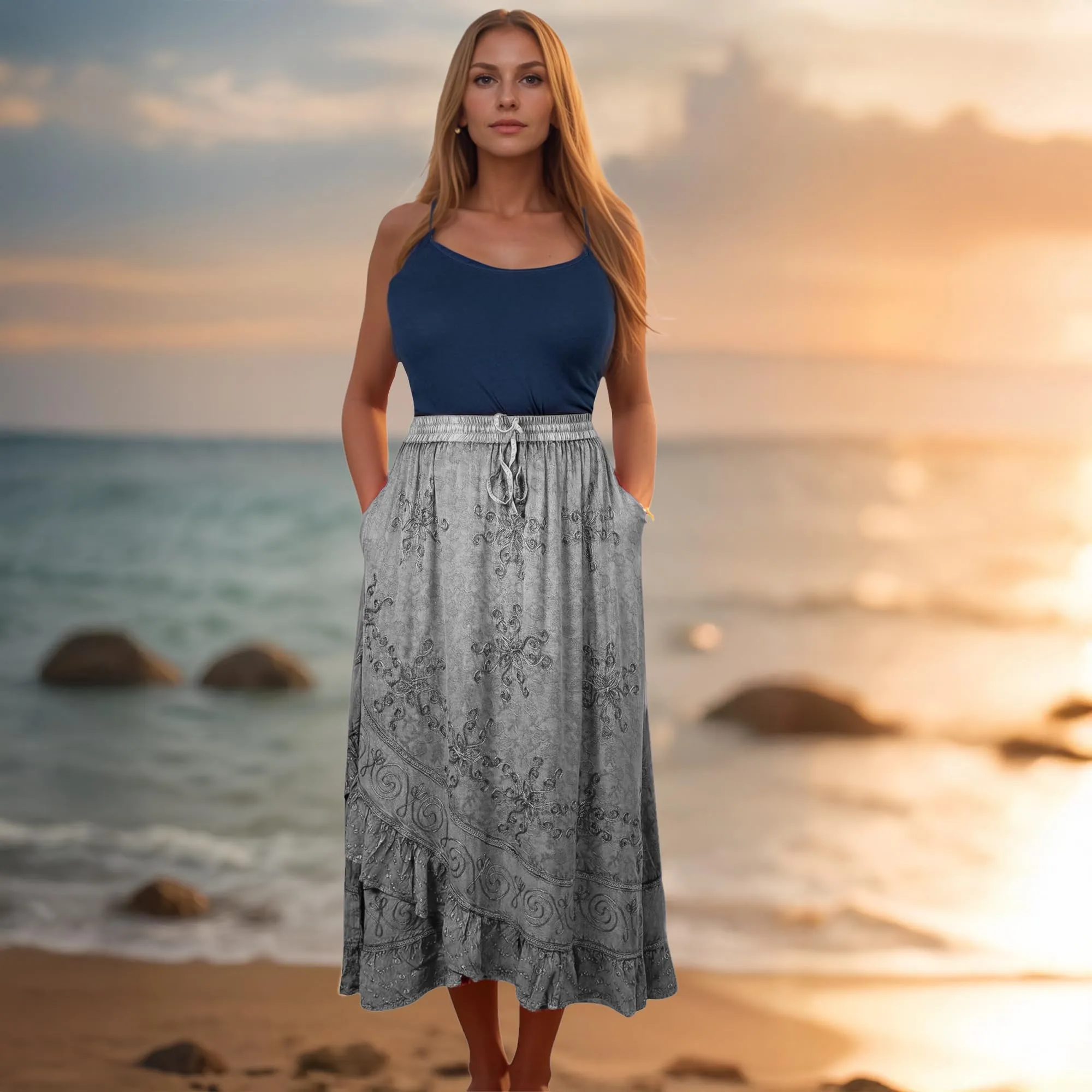 702 SKT Women's Boho Elastic Waistband Embroidered A Line Flared Maxi Skirt