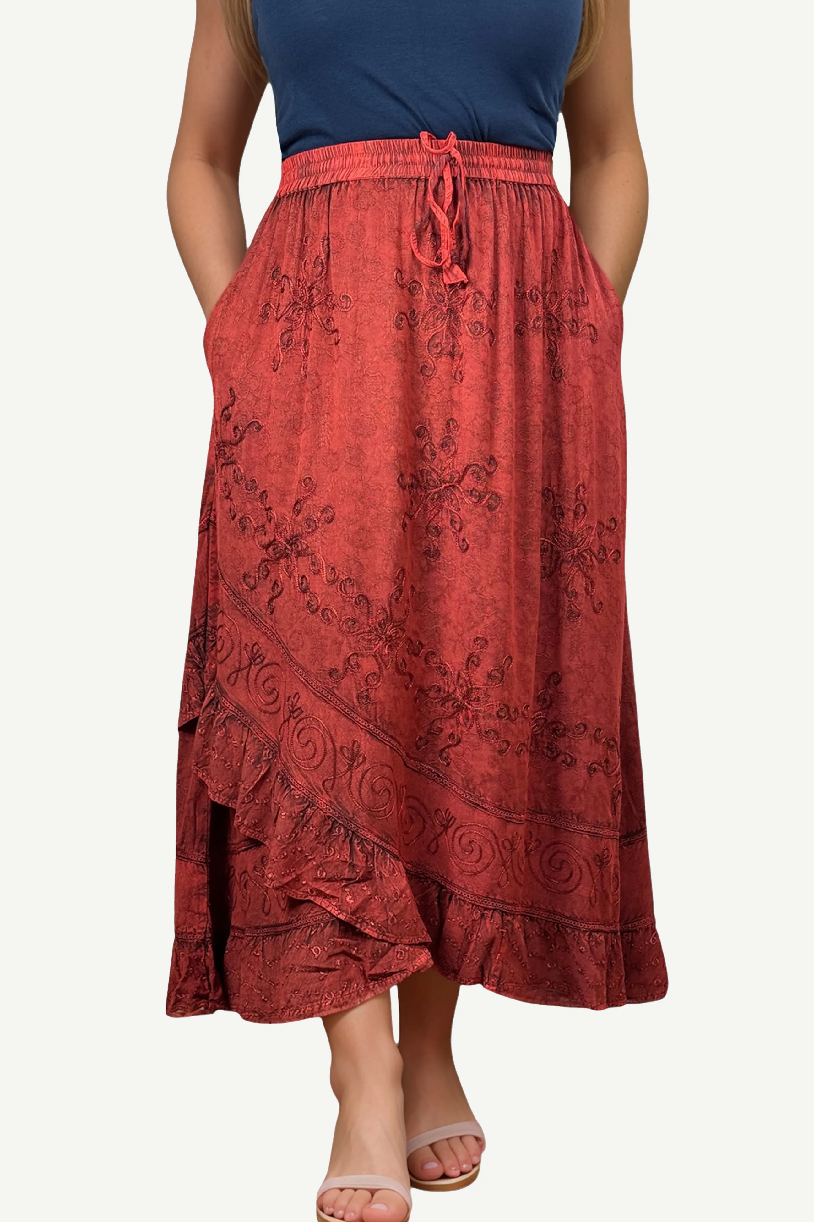 702 SKT Women's Boho Elastic Waistband Embroidered A Line Flared Maxi Skirt