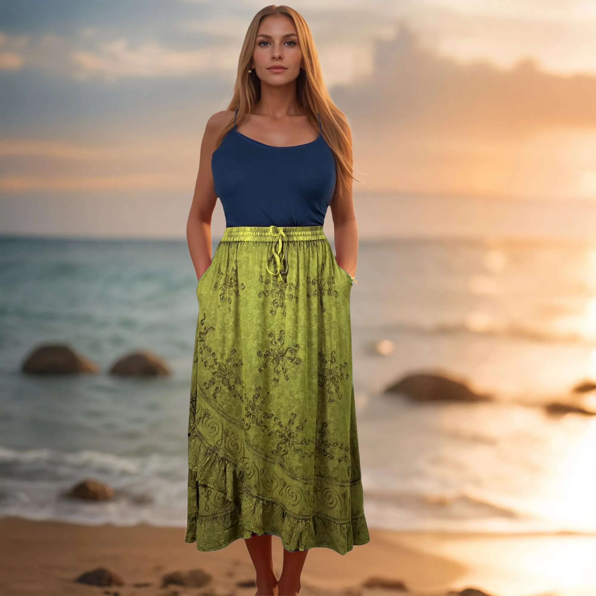 702 SKT Women's Boho Elastic Waistband Embroidered A Line Flared Maxi Skirt