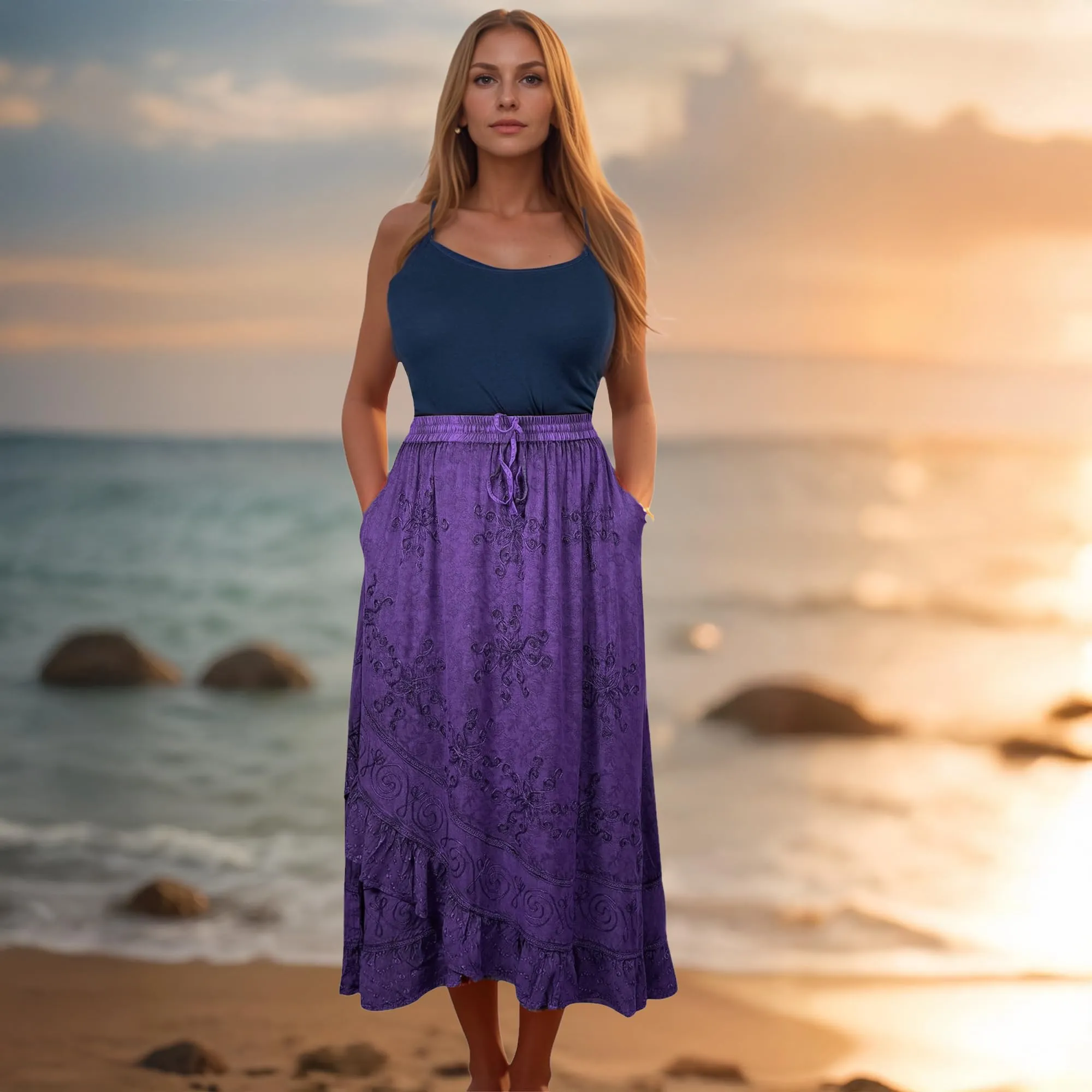 702 SKT Women's Boho Elastic Waistband Embroidered A Line Flared Maxi Skirt