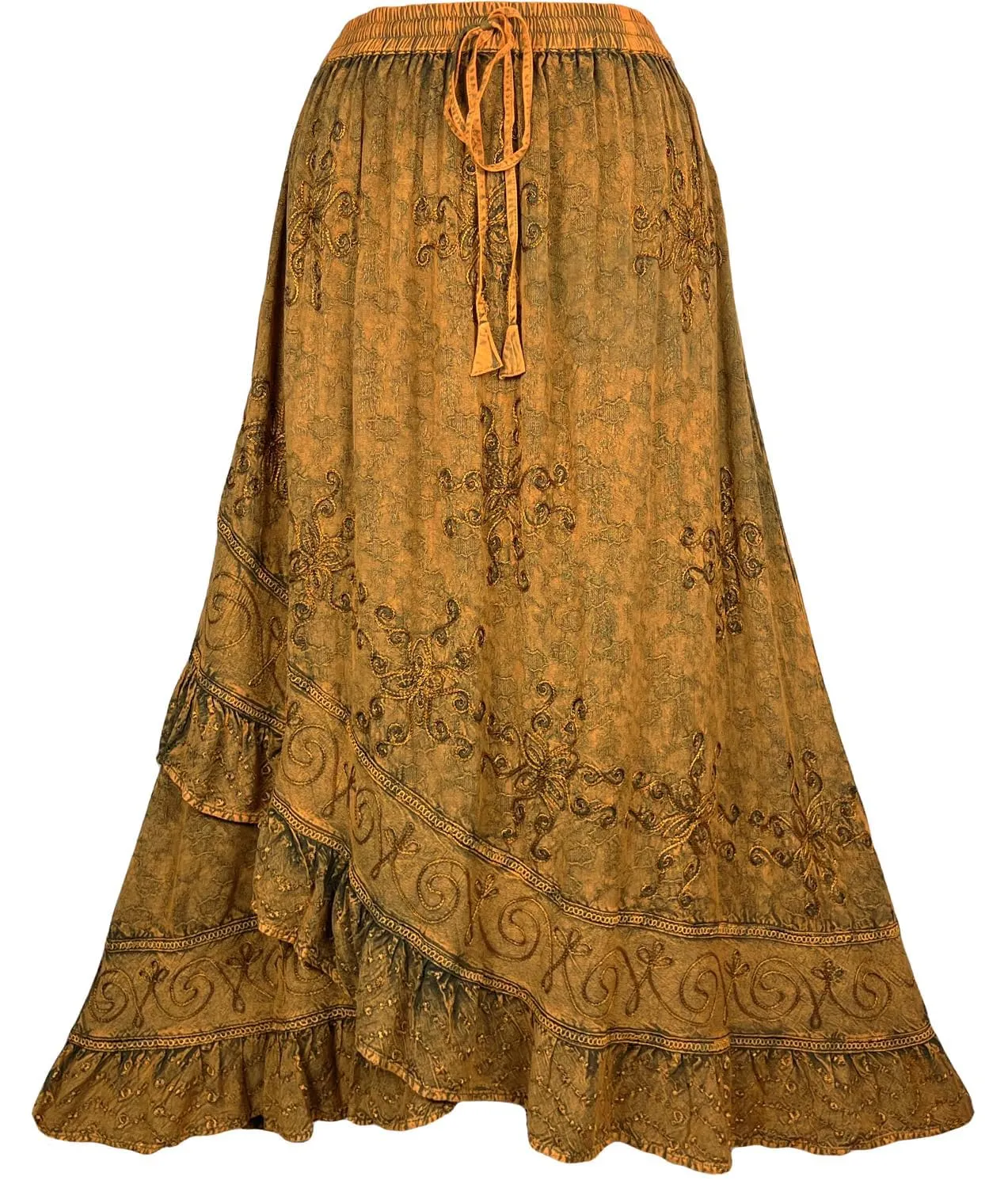 702 SKT Women's Boho Elastic Waistband Embroidered A Line Flared Maxi Skirt