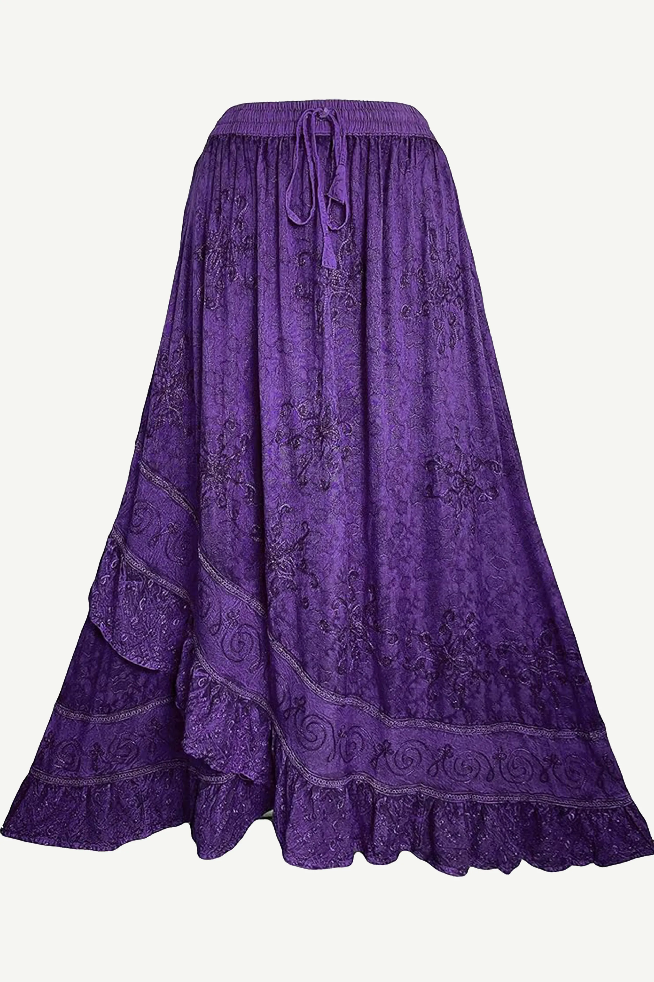 702 SKT Women's Boho Elastic Waistband Embroidered A Line Flared Maxi Skirt