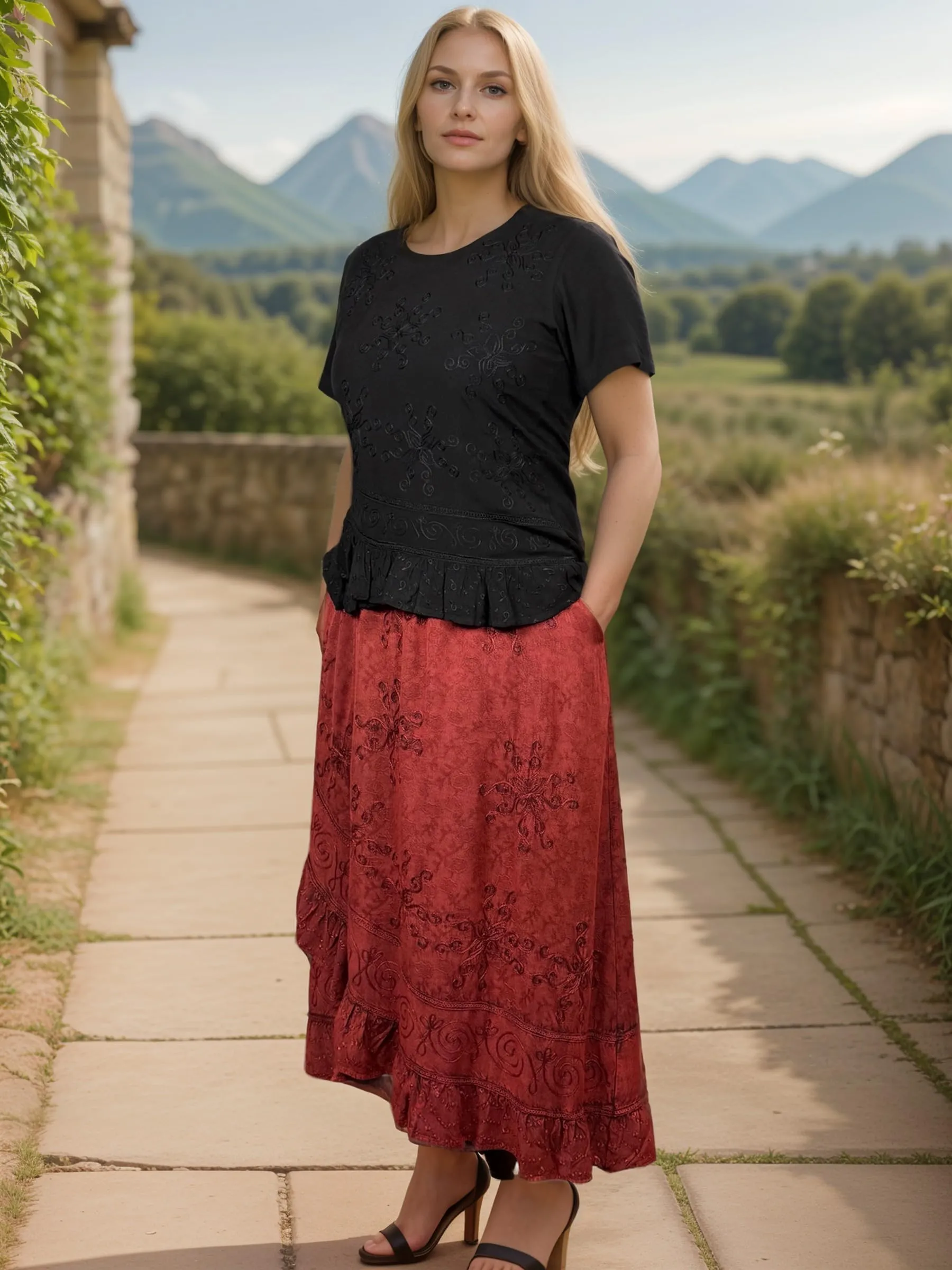 702 SKT Women's Boho Elastic Waistband Embroidered A Line Flared Maxi Skirt