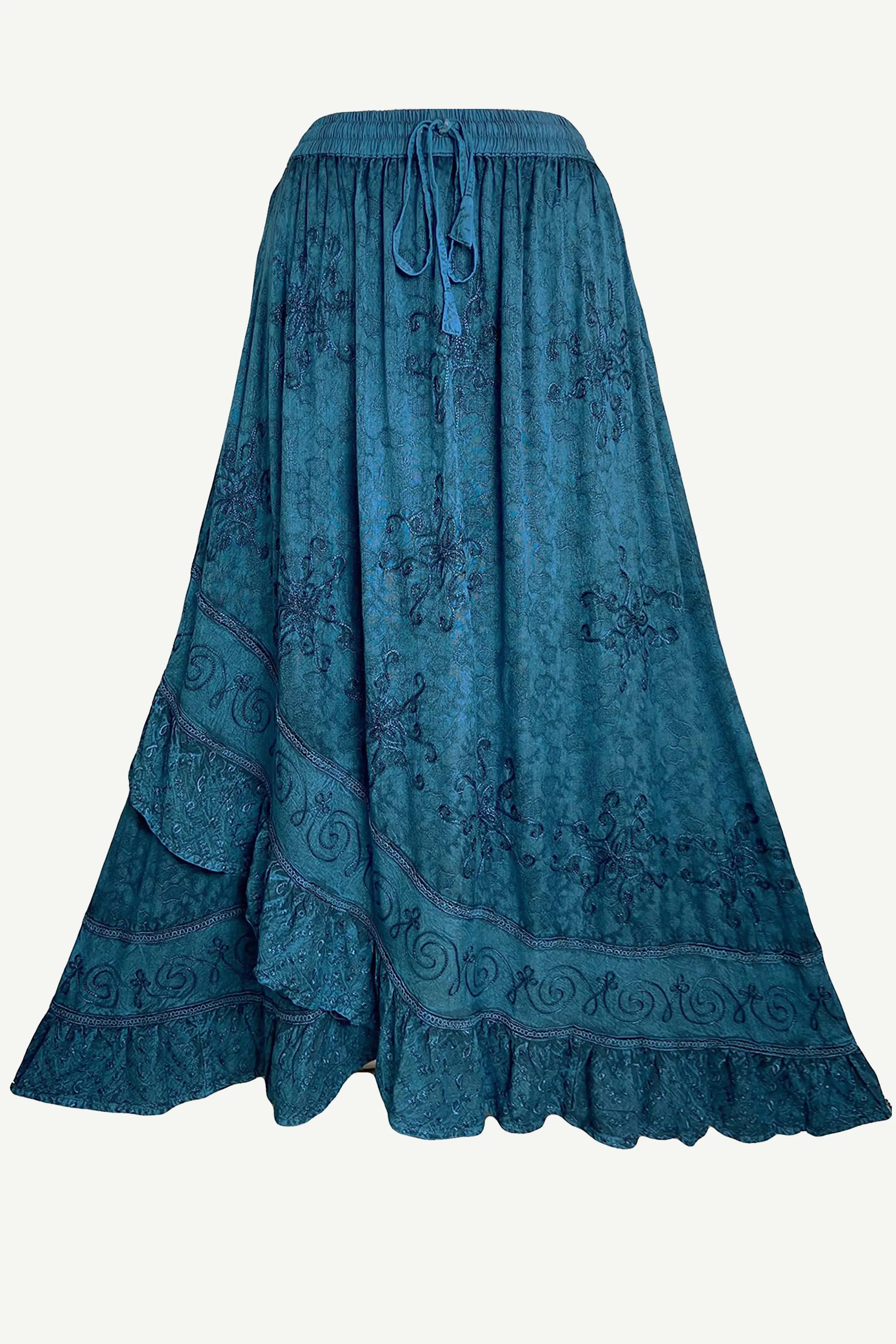 702 SKT Women's Boho Elastic Waistband Embroidered A Line Flared Maxi Skirt