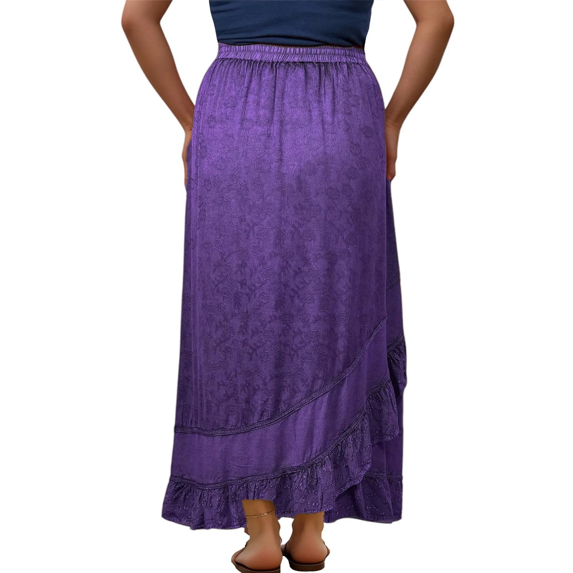 702 SKT Women's Boho Elastic Waistband Embroidered A Line Flared Maxi Skirt