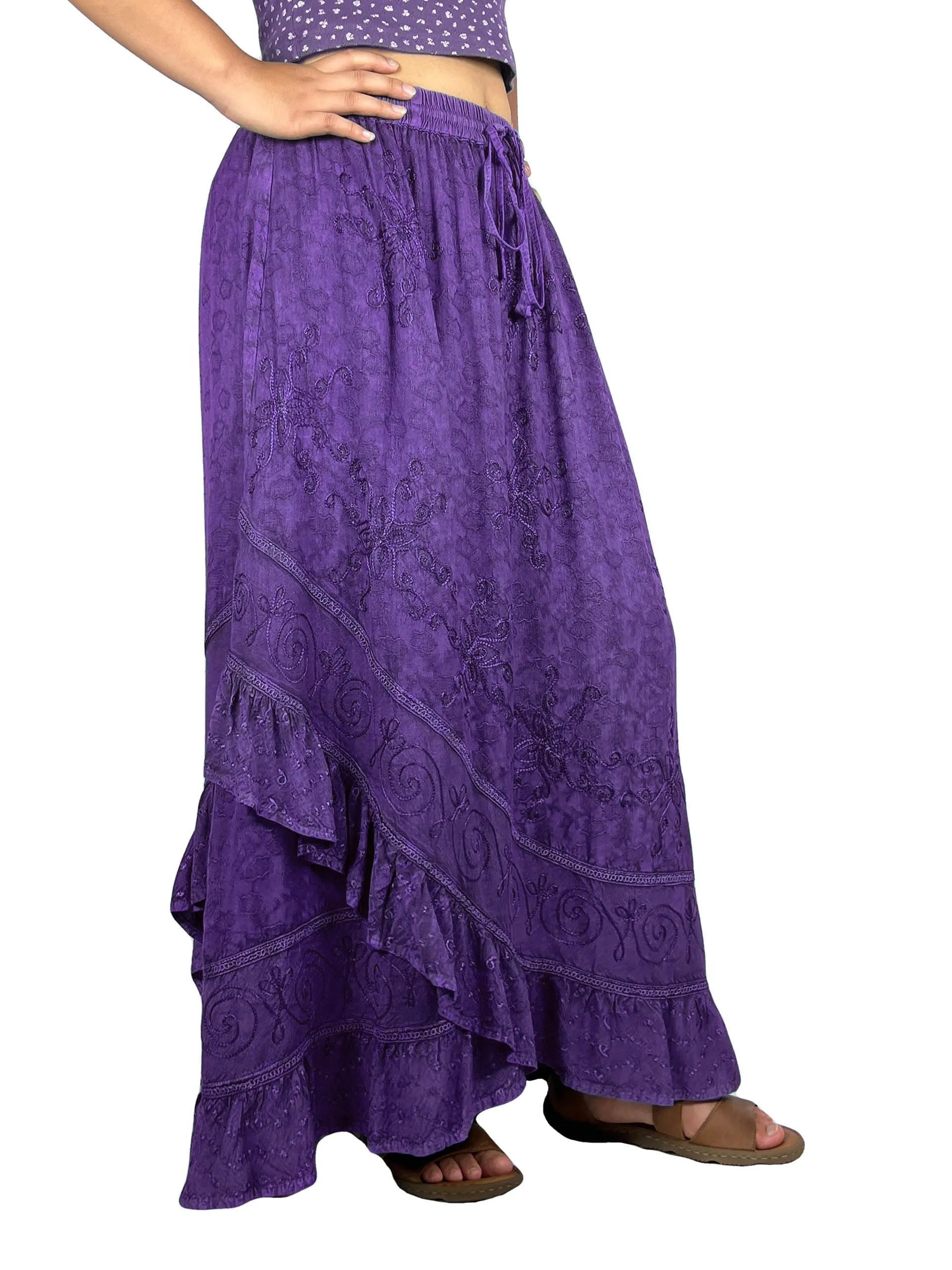 702 SKT Women's Boho Elastic Waistband Embroidered A Line Flared Maxi Skirt