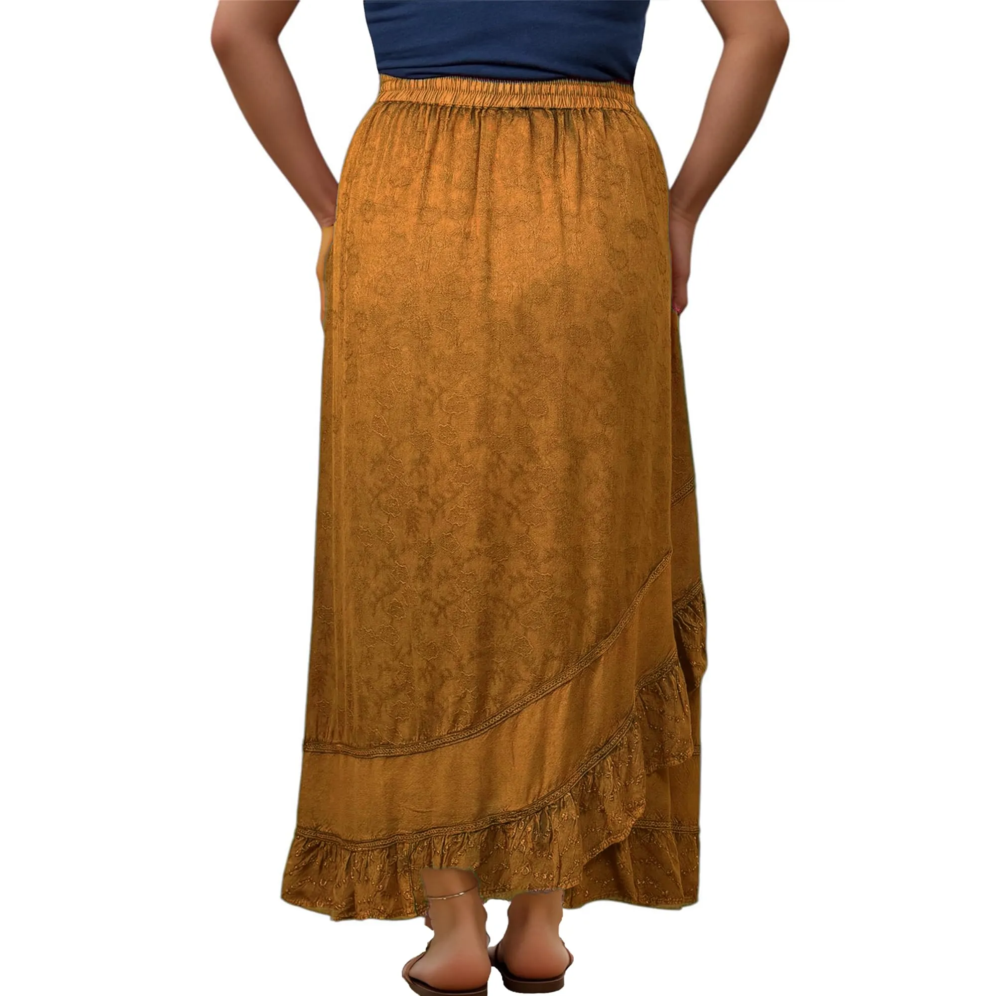 702 SKT Women's Boho Elastic Waistband Embroidered A Line Flared Maxi Skirt