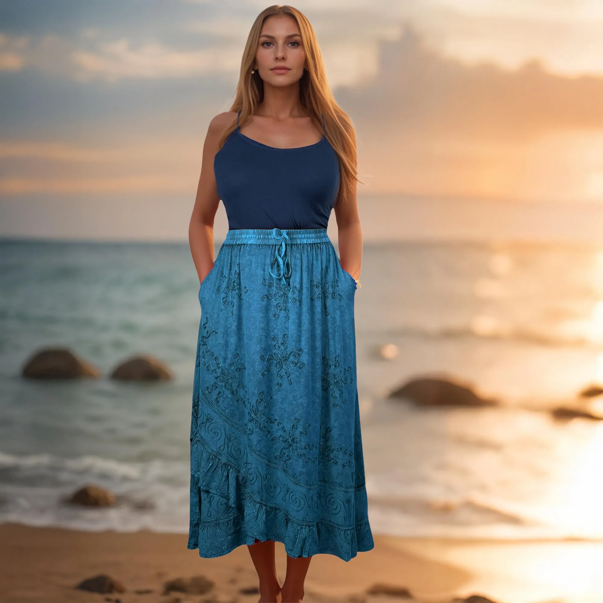 702 SKT Women's Boho Elastic Waistband Embroidered A Line Flared Maxi Skirt
