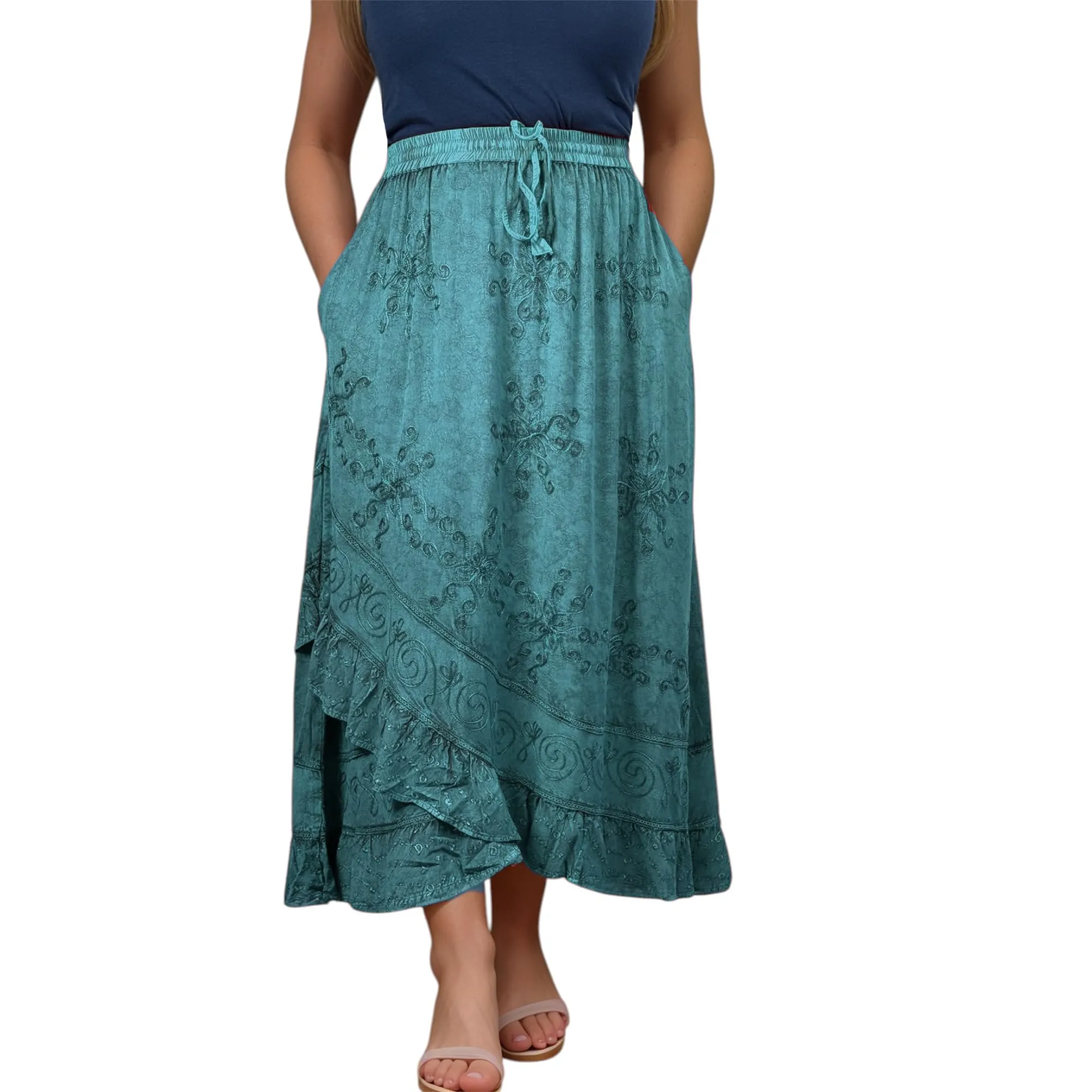 702 SKT Women's Boho Elastic Waistband Embroidered A Line Flared Maxi Skirt