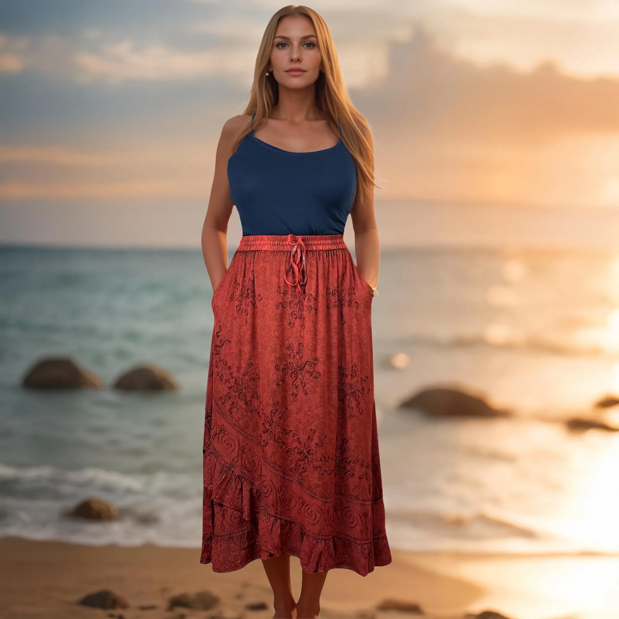 702 SKT Women's Boho Elastic Waistband Embroidered A Line Flared Maxi Skirt