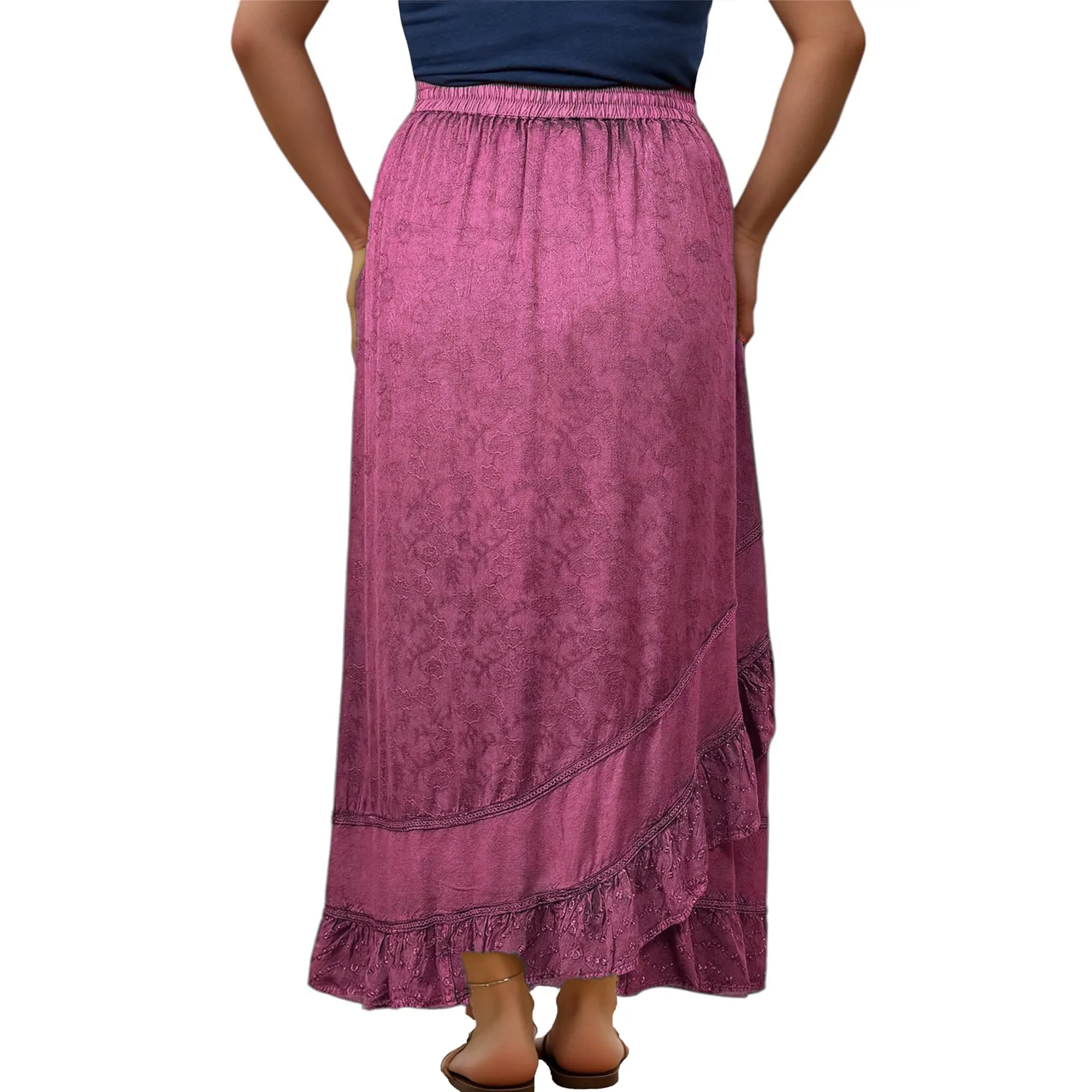 702 SKT Women's Boho Elastic Waistband Embroidered A Line Flared Maxi Skirt