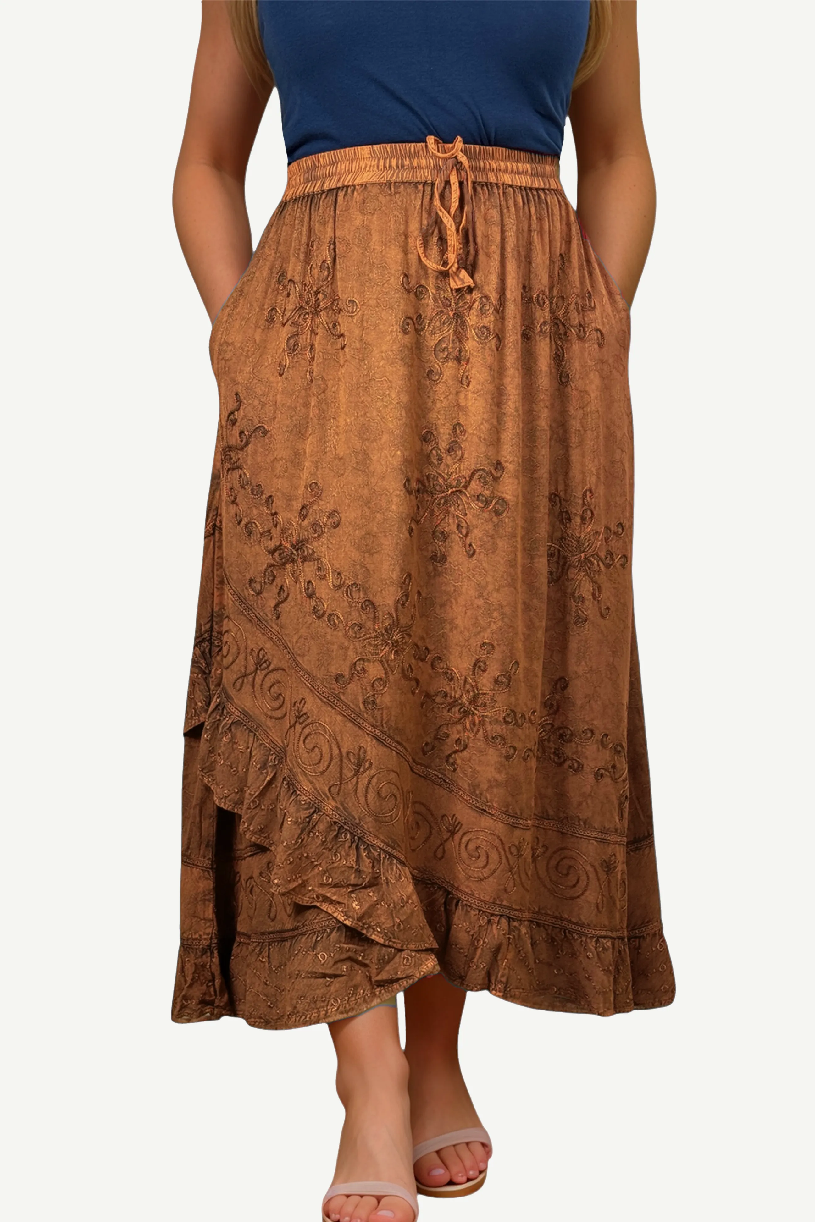 702 SKT Women's Boho Elastic Waistband Embroidered A Line Flared Maxi Skirt