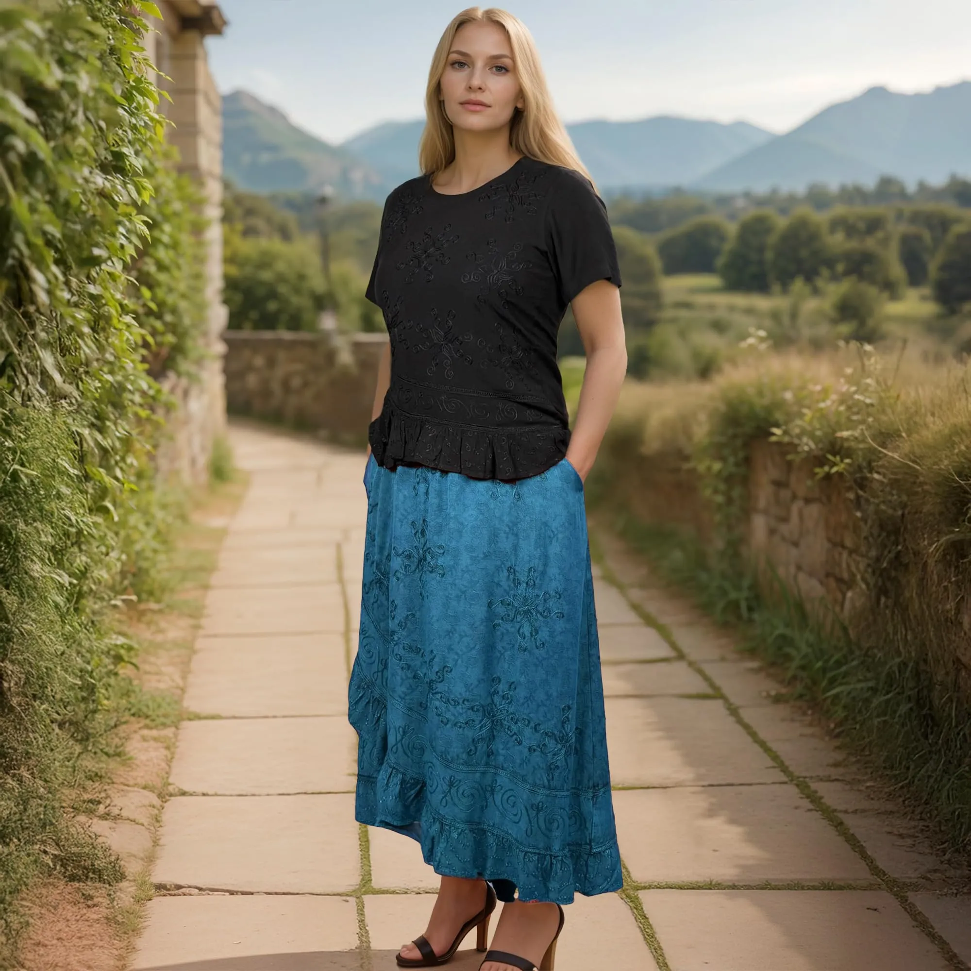 702 SKT Women's Boho Elastic Waistband Embroidered A Line Flared Maxi Skirt