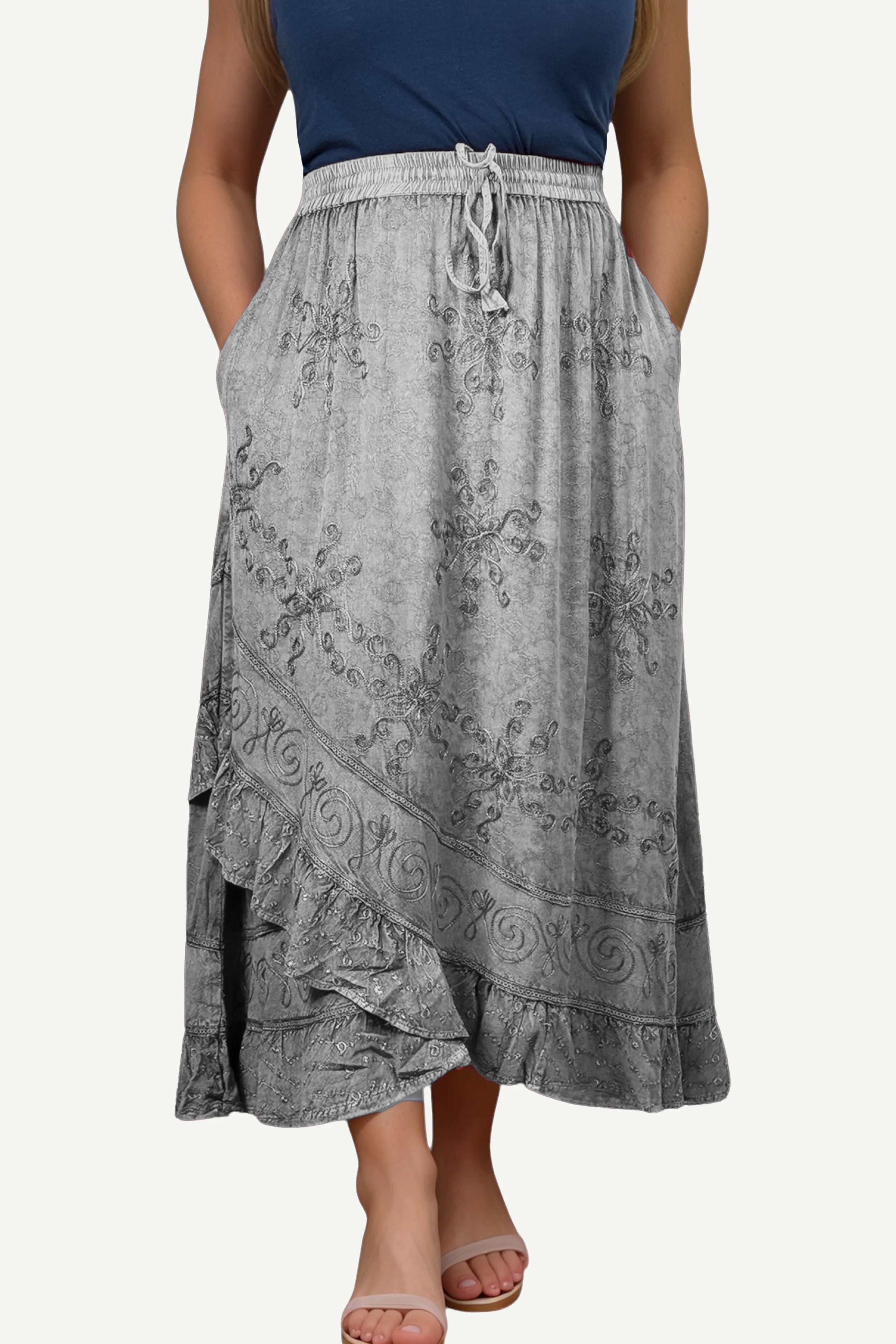 702 SKT Women's Boho Elastic Waistband Embroidered A Line Flared Maxi Skirt