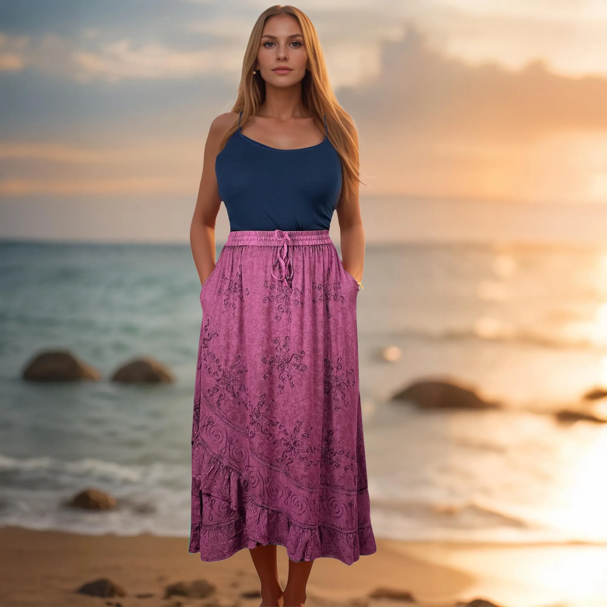 702 SKT Women's Boho Elastic Waistband Embroidered A Line Flared Maxi Skirt