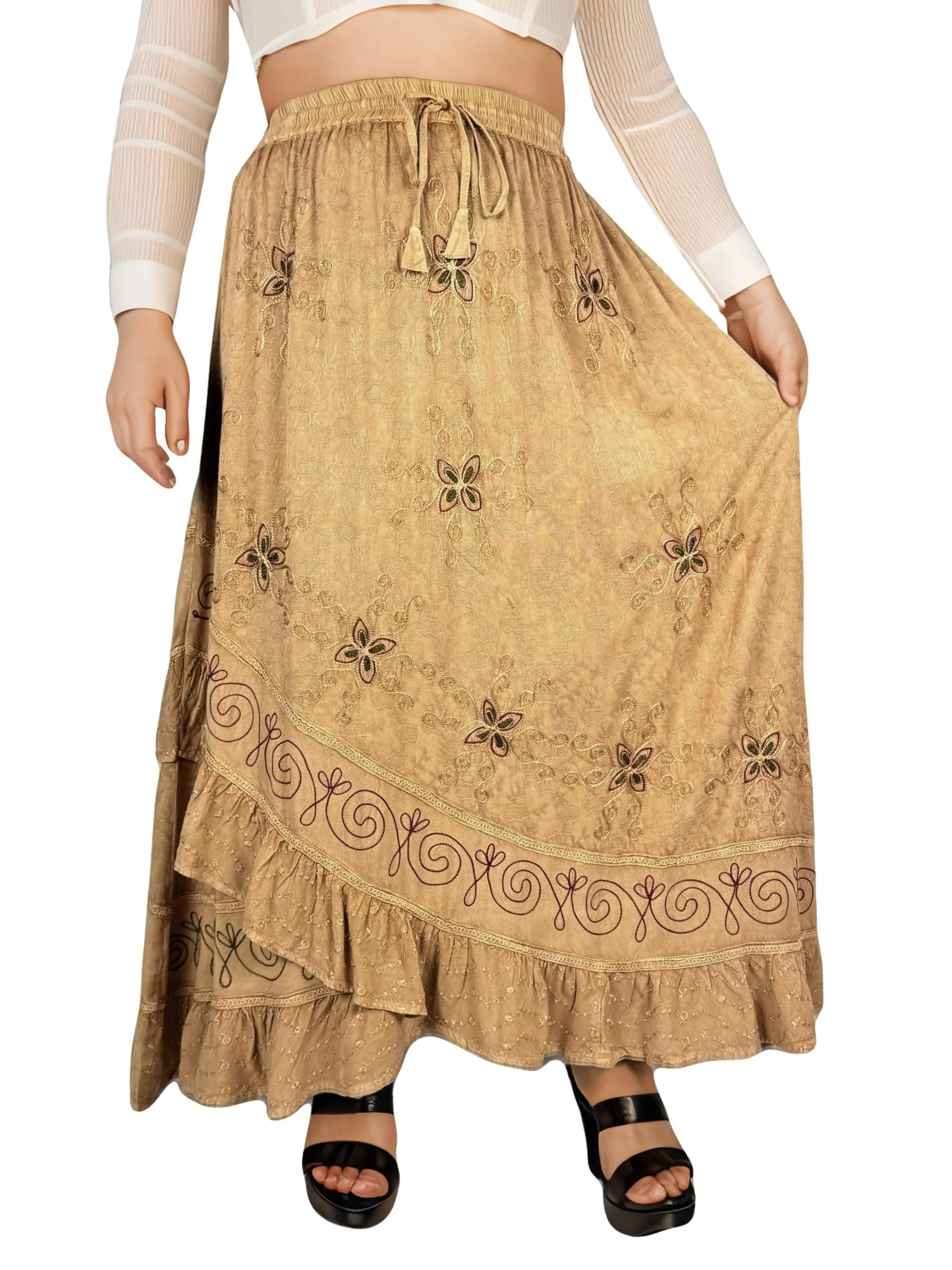 702 SKT Women's Boho Elastic Waistband Embroidered A Line Flared Maxi Skirt