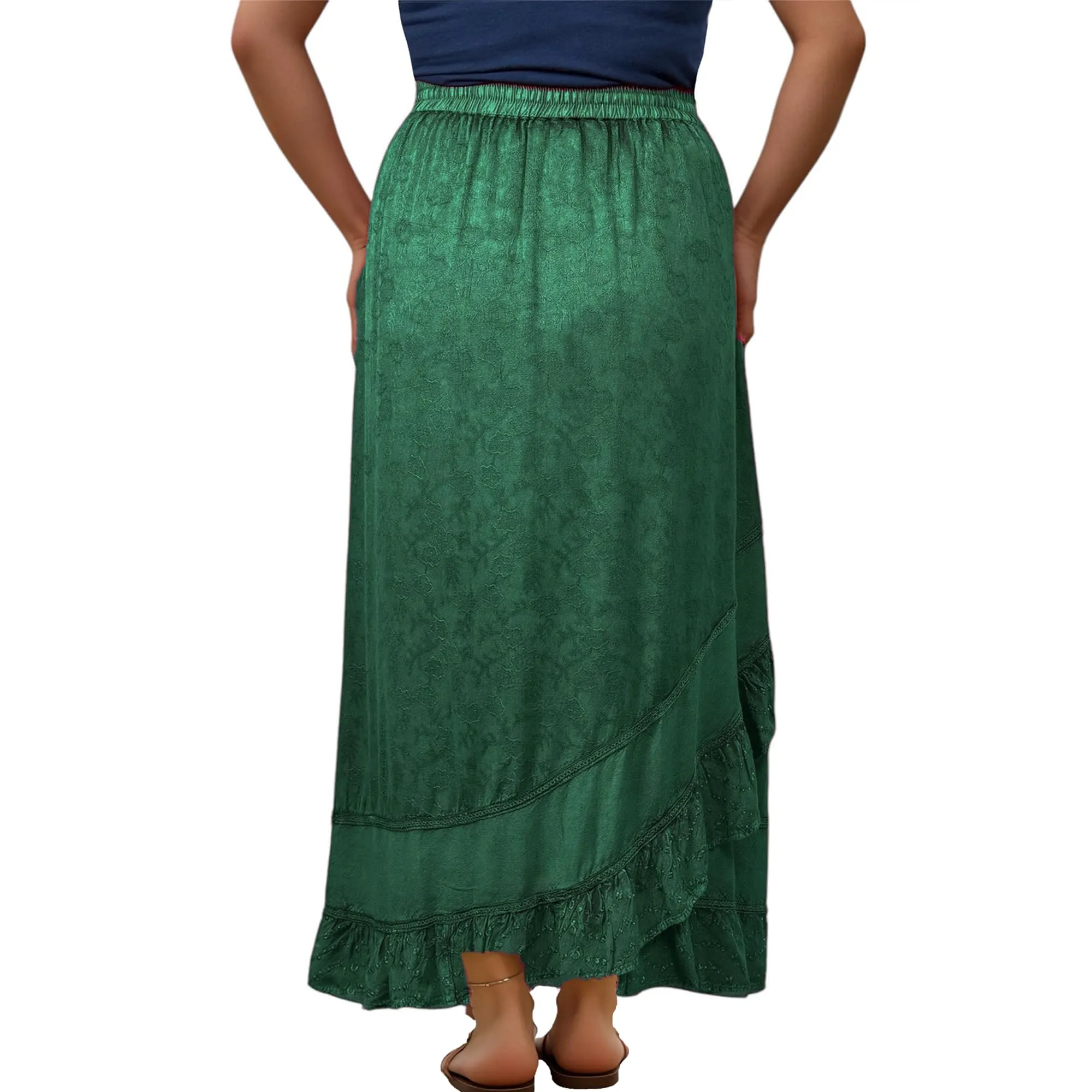 702 SKT Women's Boho Elastic Waistband Embroidered A Line Flared Maxi Skirt