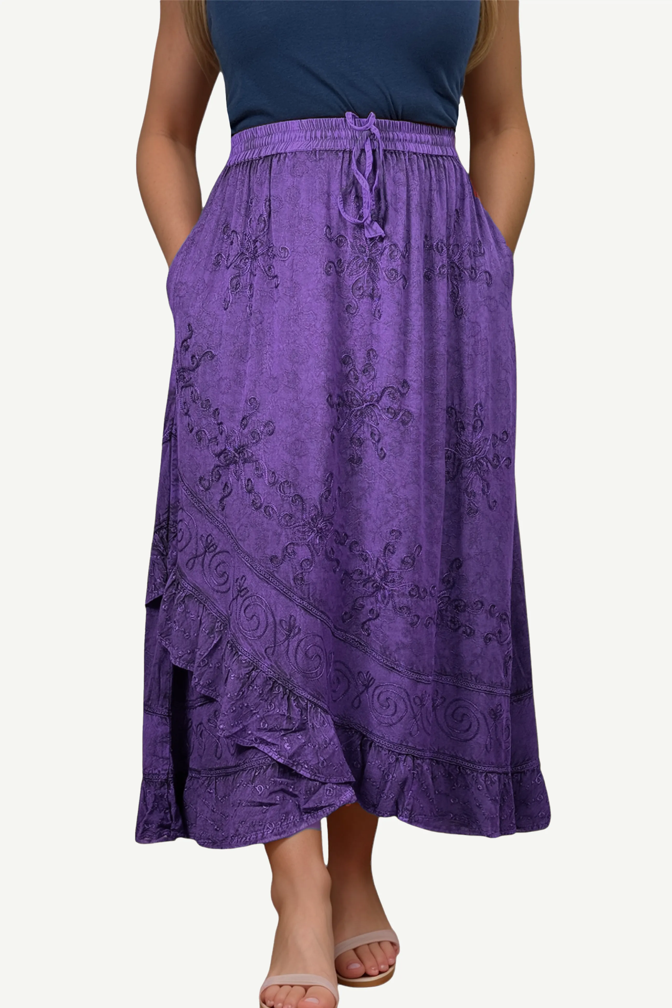 702 SKT Women's Boho Elastic Waistband Embroidered A Line Flared Maxi Skirt
