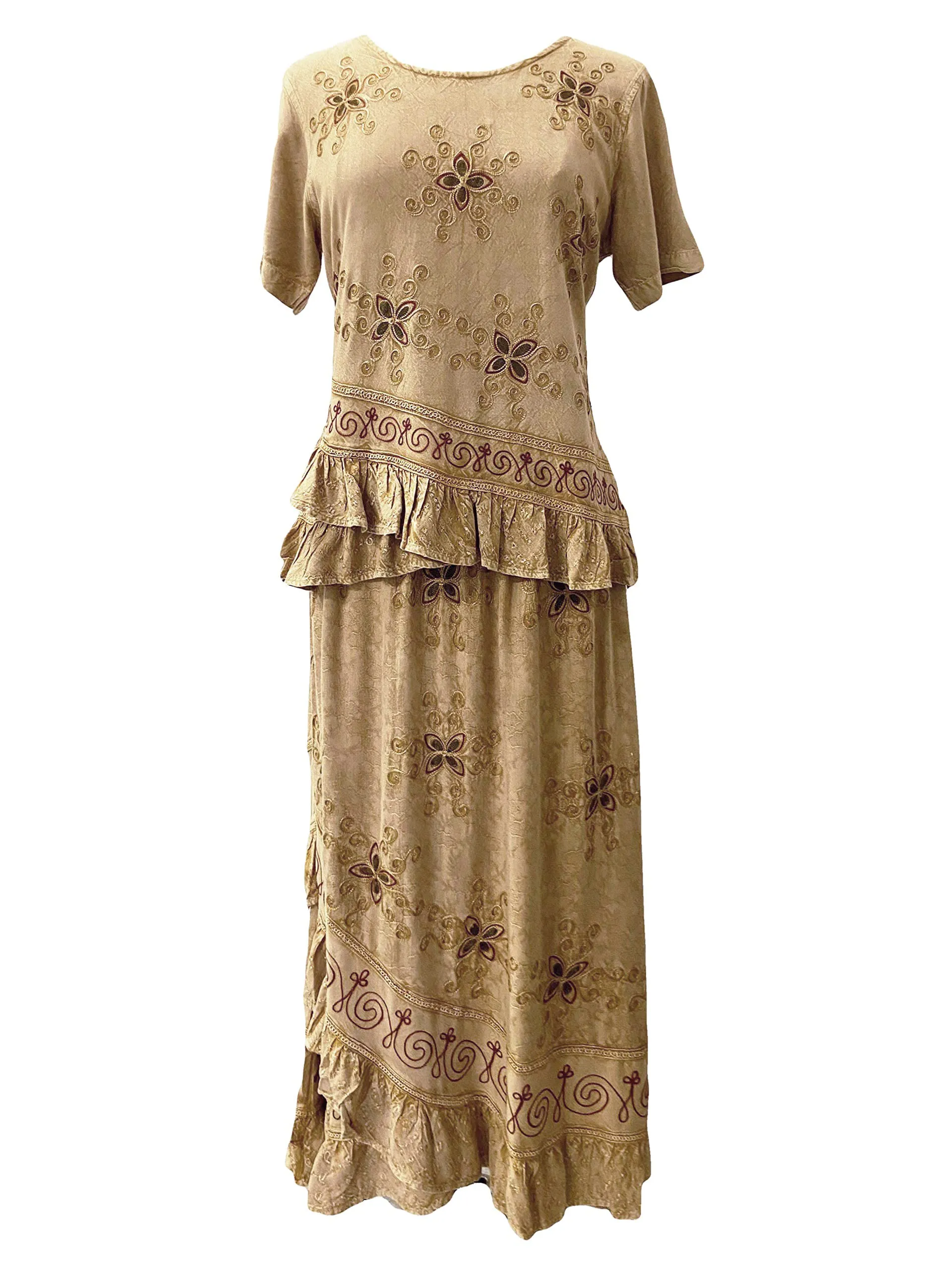 702 SKT Women's Boho Elastic Waistband Embroidered A Line Flared Maxi Skirt