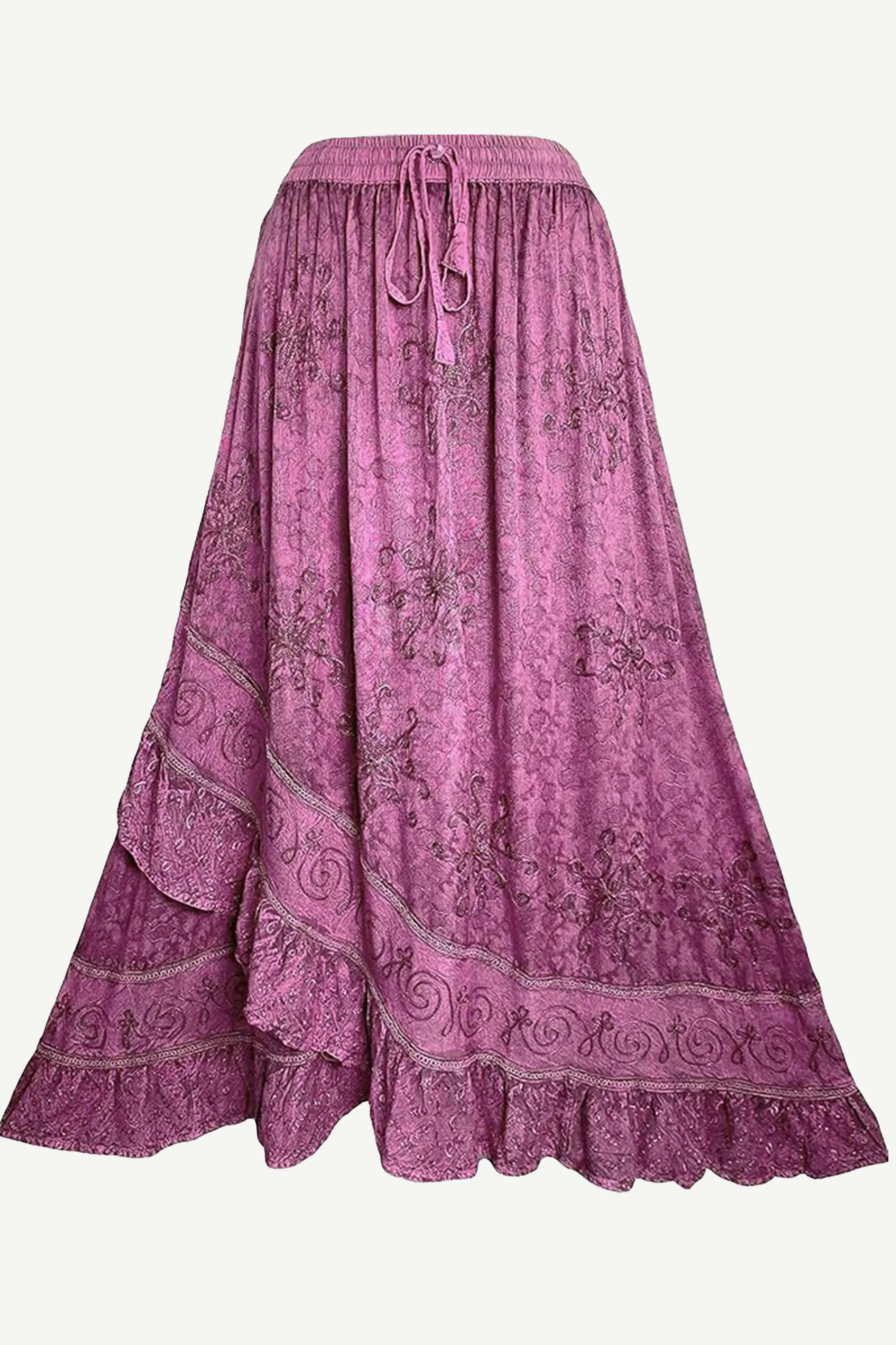702 SKT Women's Boho Elastic Waistband Embroidered A Line Flared Maxi Skirt