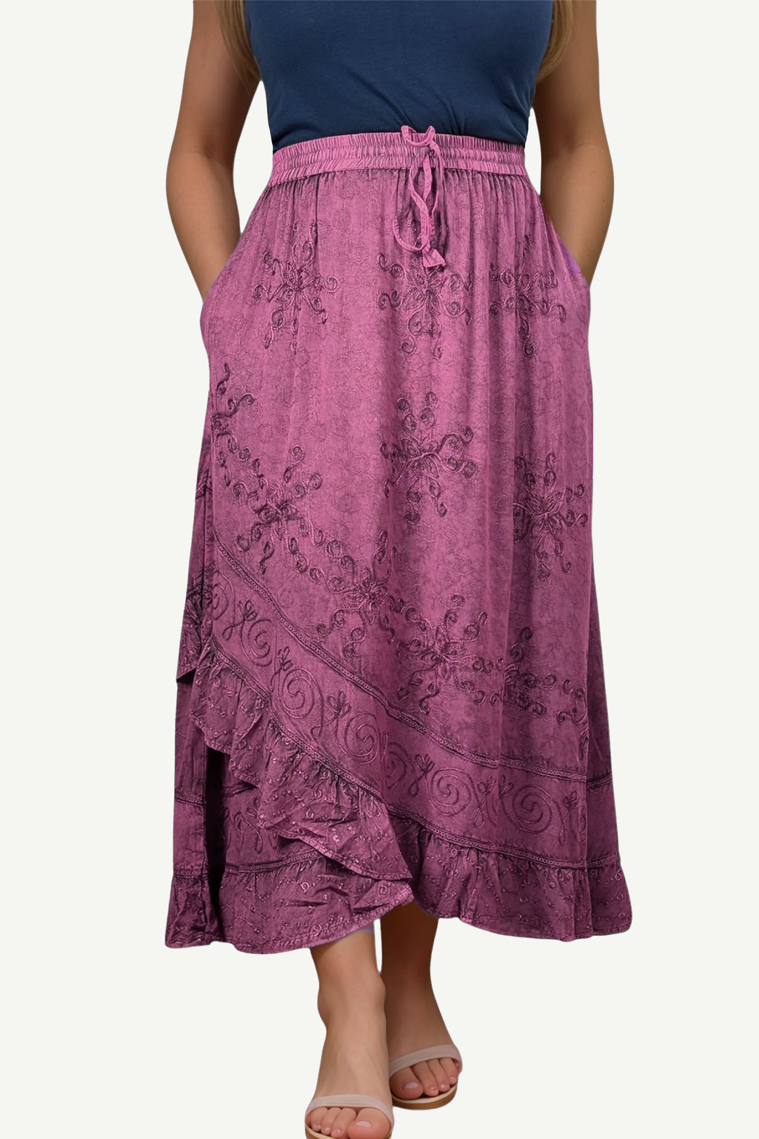 702 SKT Women's Boho Elastic Waistband Embroidered A Line Flared Maxi Skirt