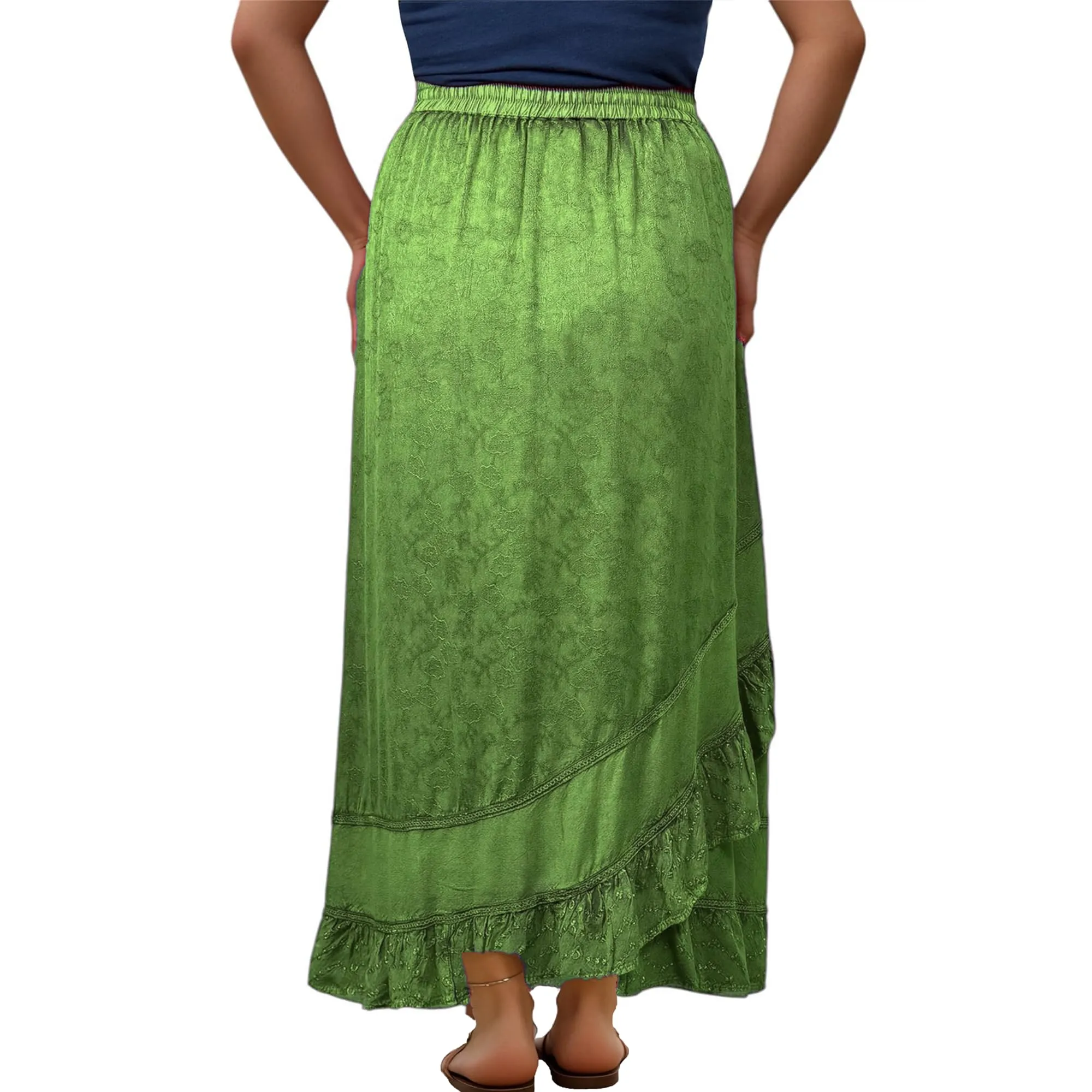 702 SKT Women's Boho Elastic Waistband Embroidered A Line Flared Maxi Skirt