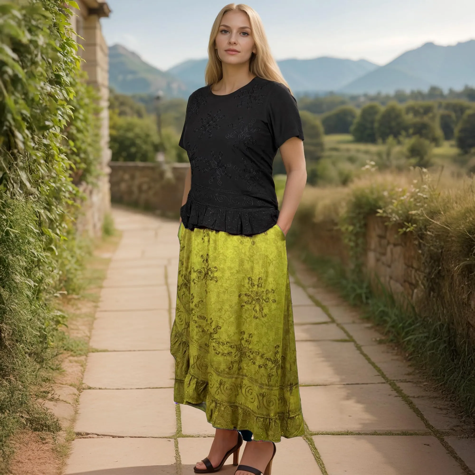 702 SKT Women's Boho Elastic Waistband Embroidered A Line Flared Maxi Skirt