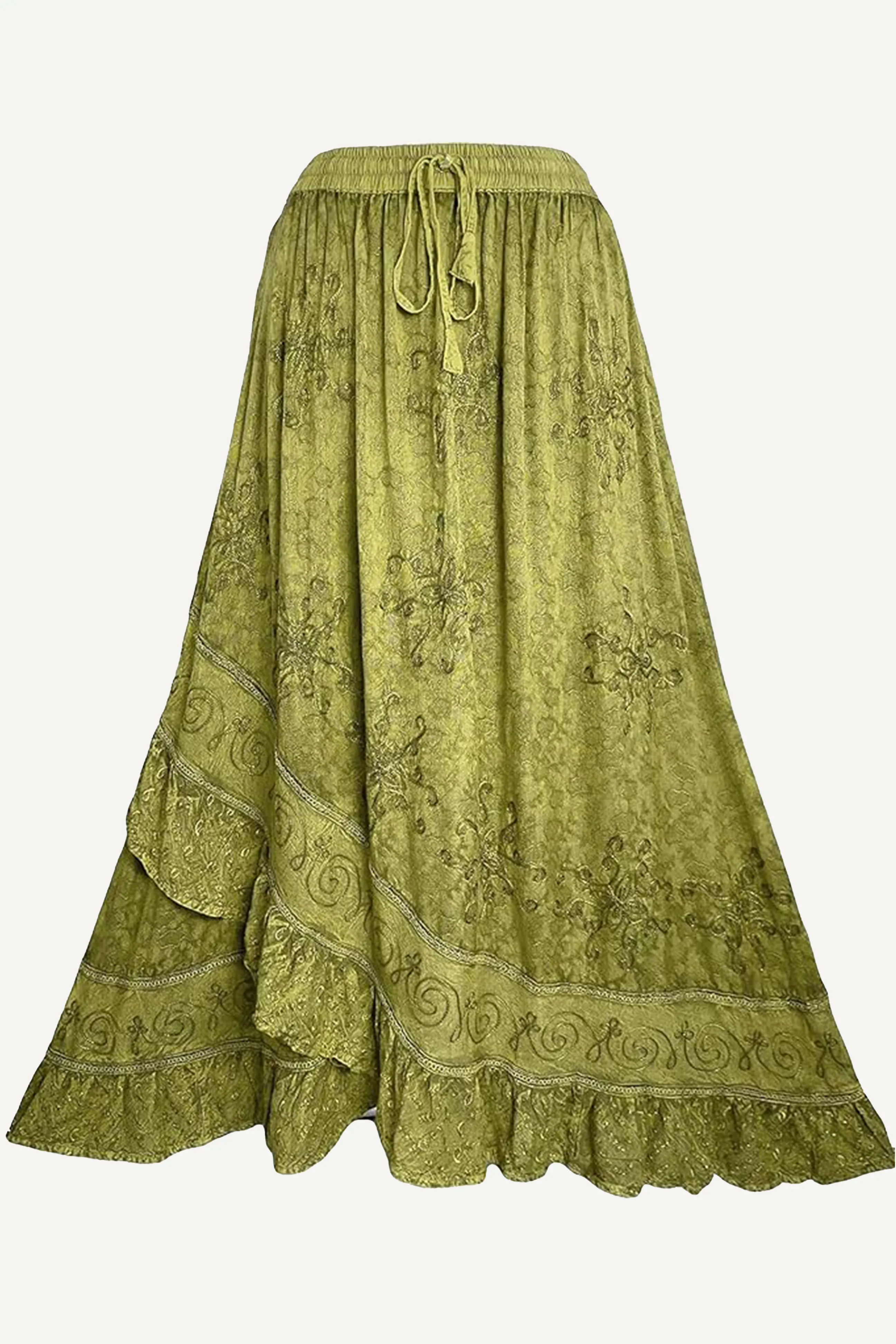 702 SKT Women's Boho Elastic Waistband Embroidered A Line Flared Maxi Skirt