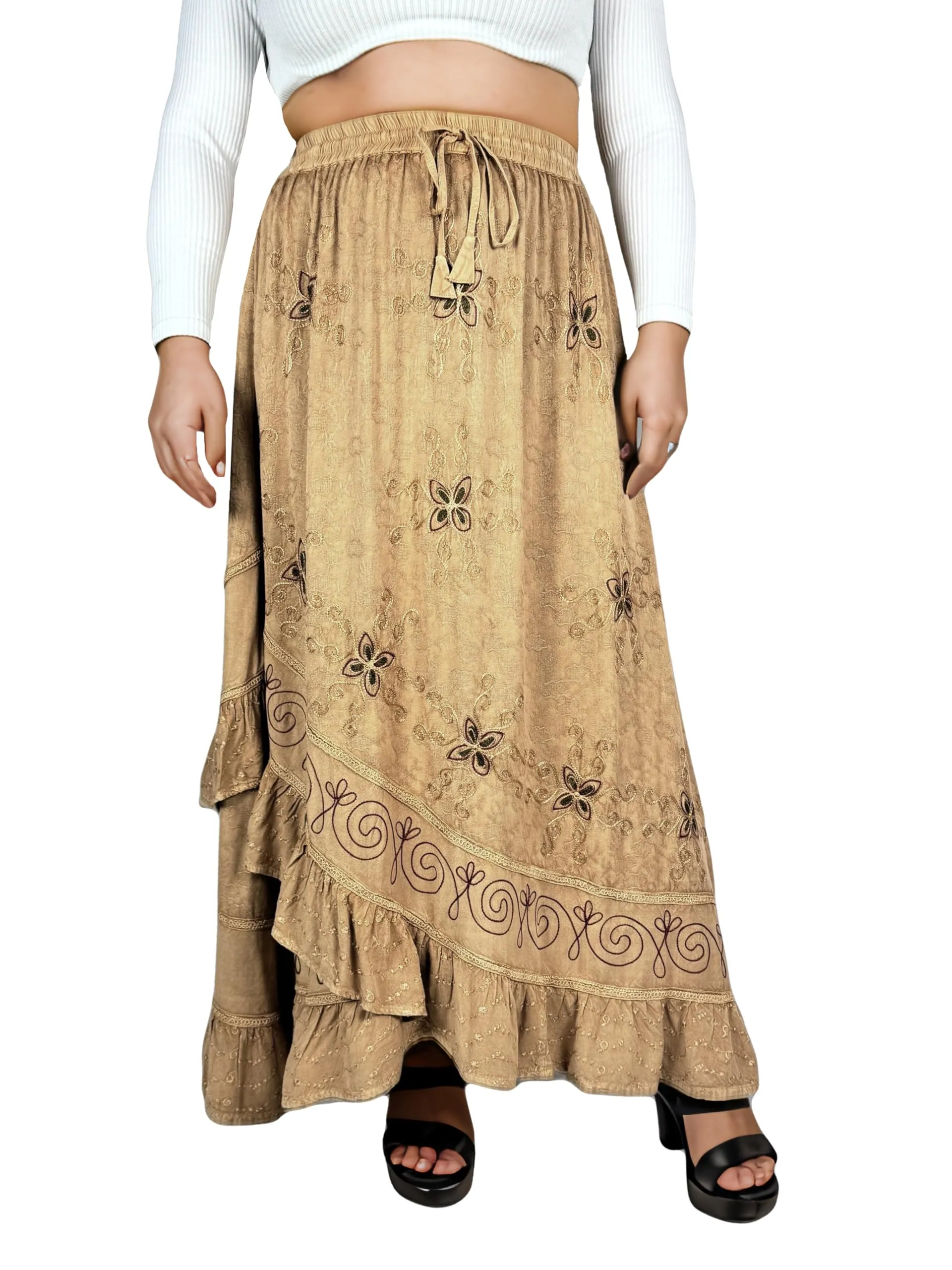 702 SKT Women's Boho Elastic Waistband Embroidered A Line Flared Maxi Skirt