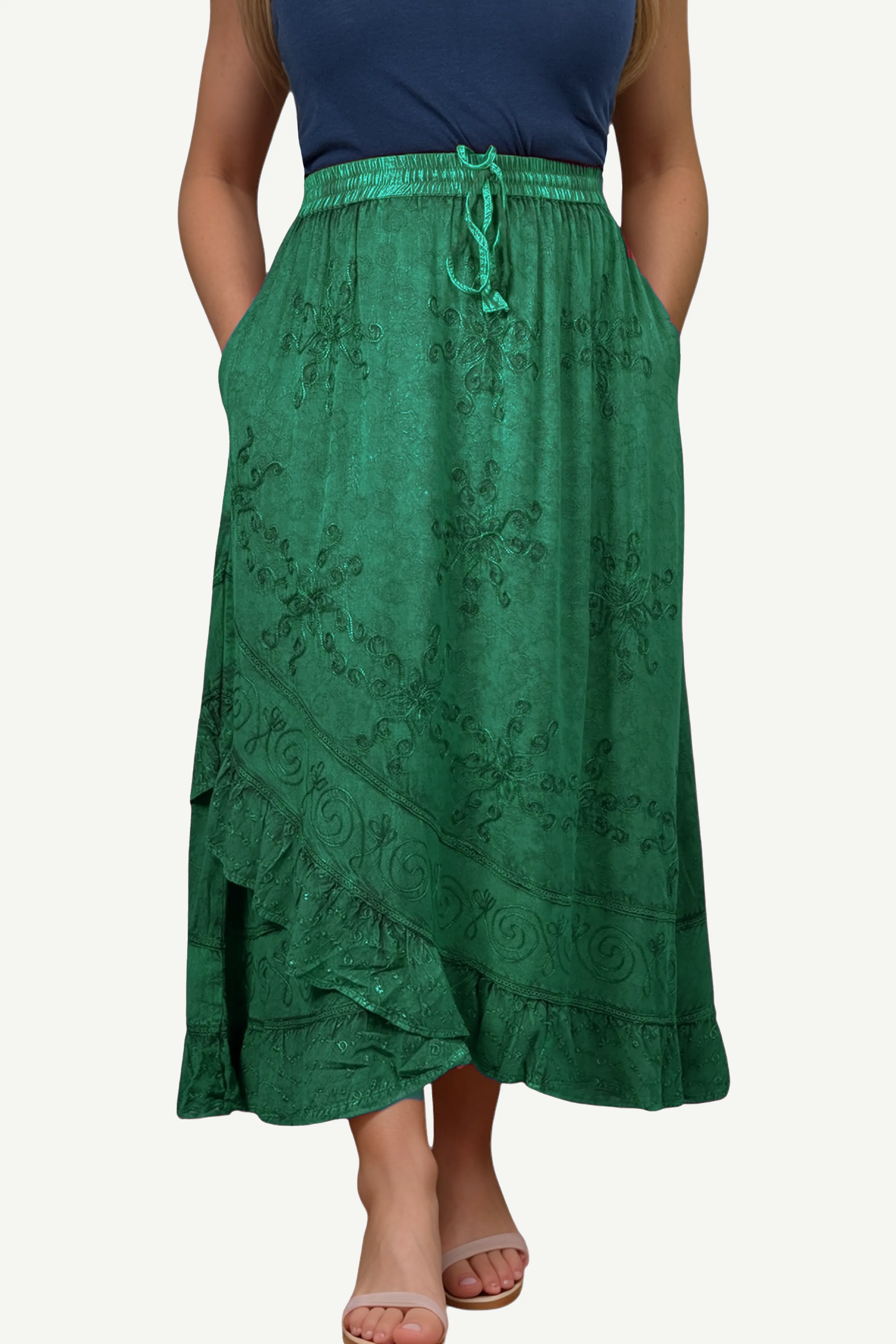702 SKT Women's Boho Elastic Waistband Embroidered A Line Flared Maxi Skirt