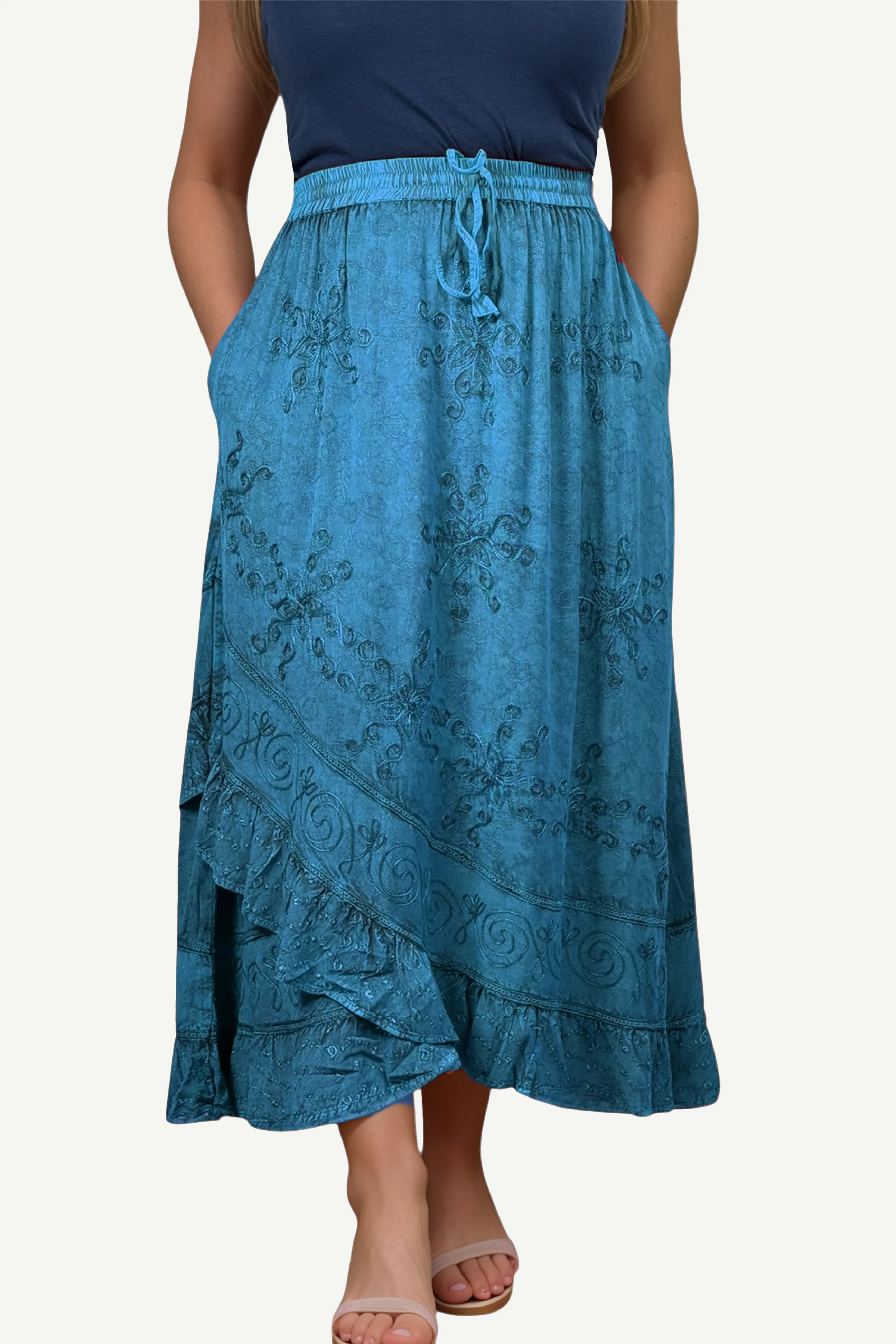 702 SKT Women's Boho Elastic Waistband Embroidered A Line Flared Maxi Skirt