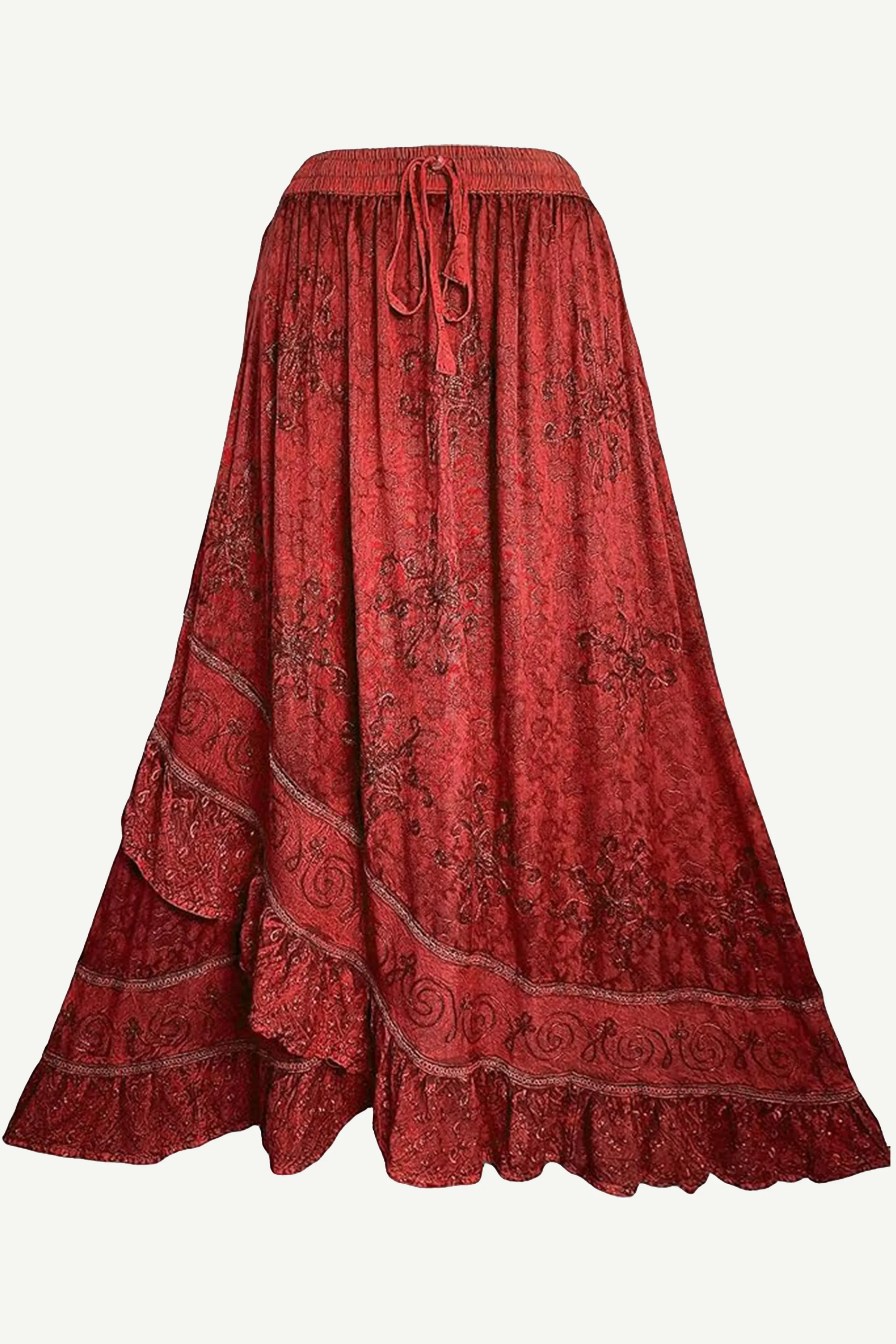 702 SKT Women's Boho Elastic Waistband Embroidered A Line Flared Maxi Skirt