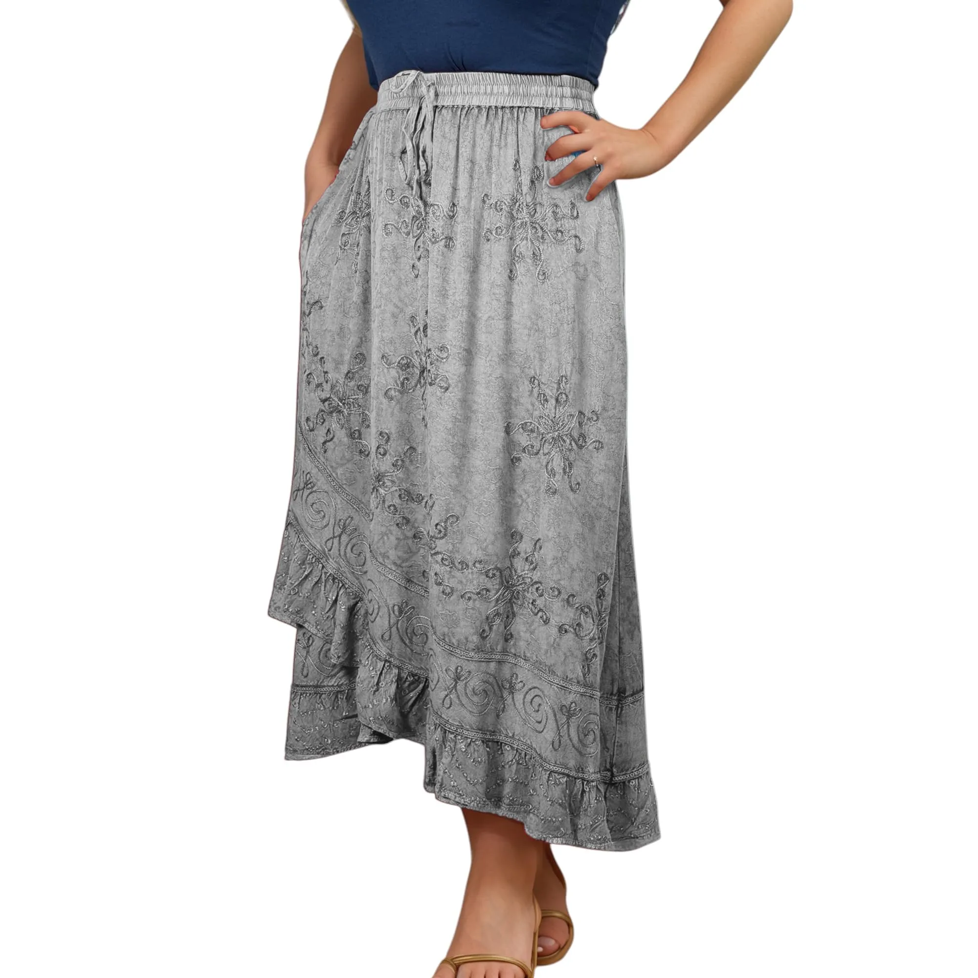 702 SKT Women's Boho Elastic Waistband Embroidered A Line Flared Maxi Skirt