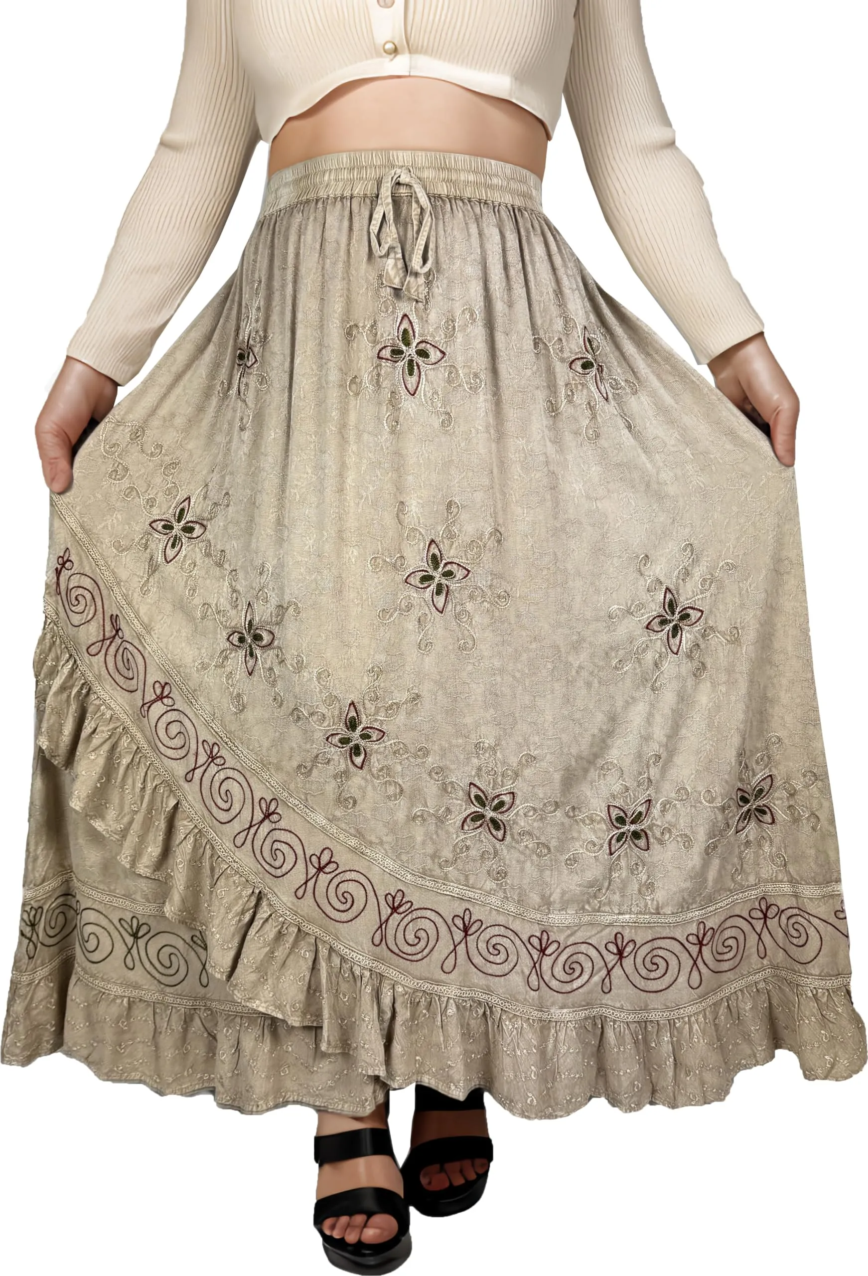 702 SKT Women's Boho Elastic Waistband Embroidered A Line Flared Maxi Skirt