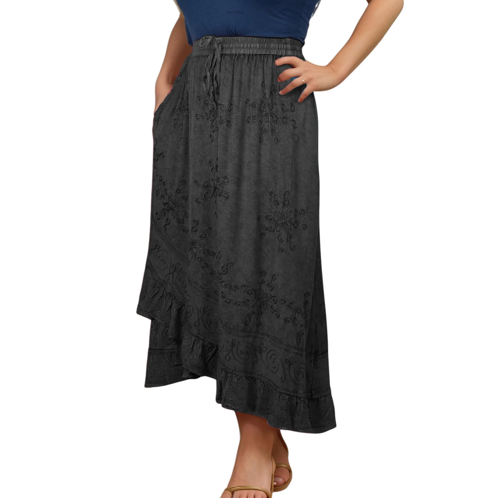 702 SKT Women's Boho Elastic Waistband Embroidered A Line Flared Maxi Skirt