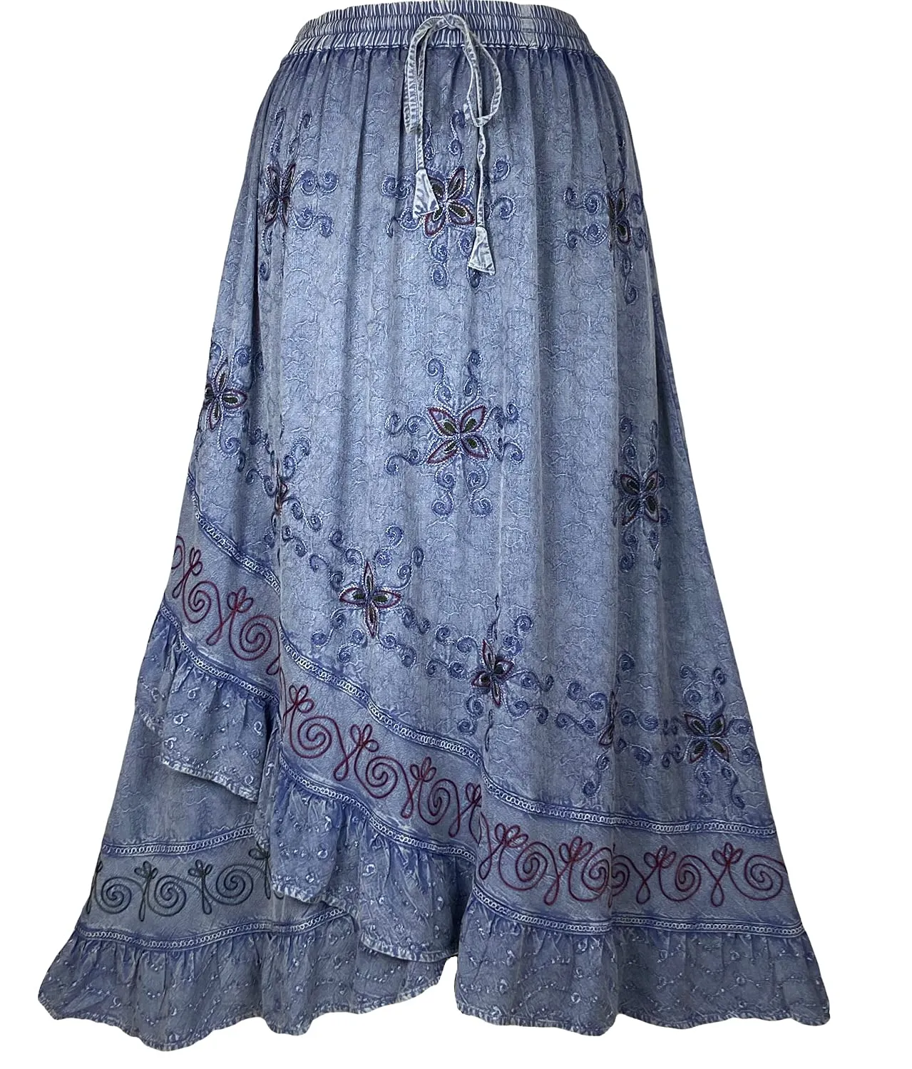 702 SKT Women's Boho Elastic Waistband Embroidered A Line Flared Maxi Skirt