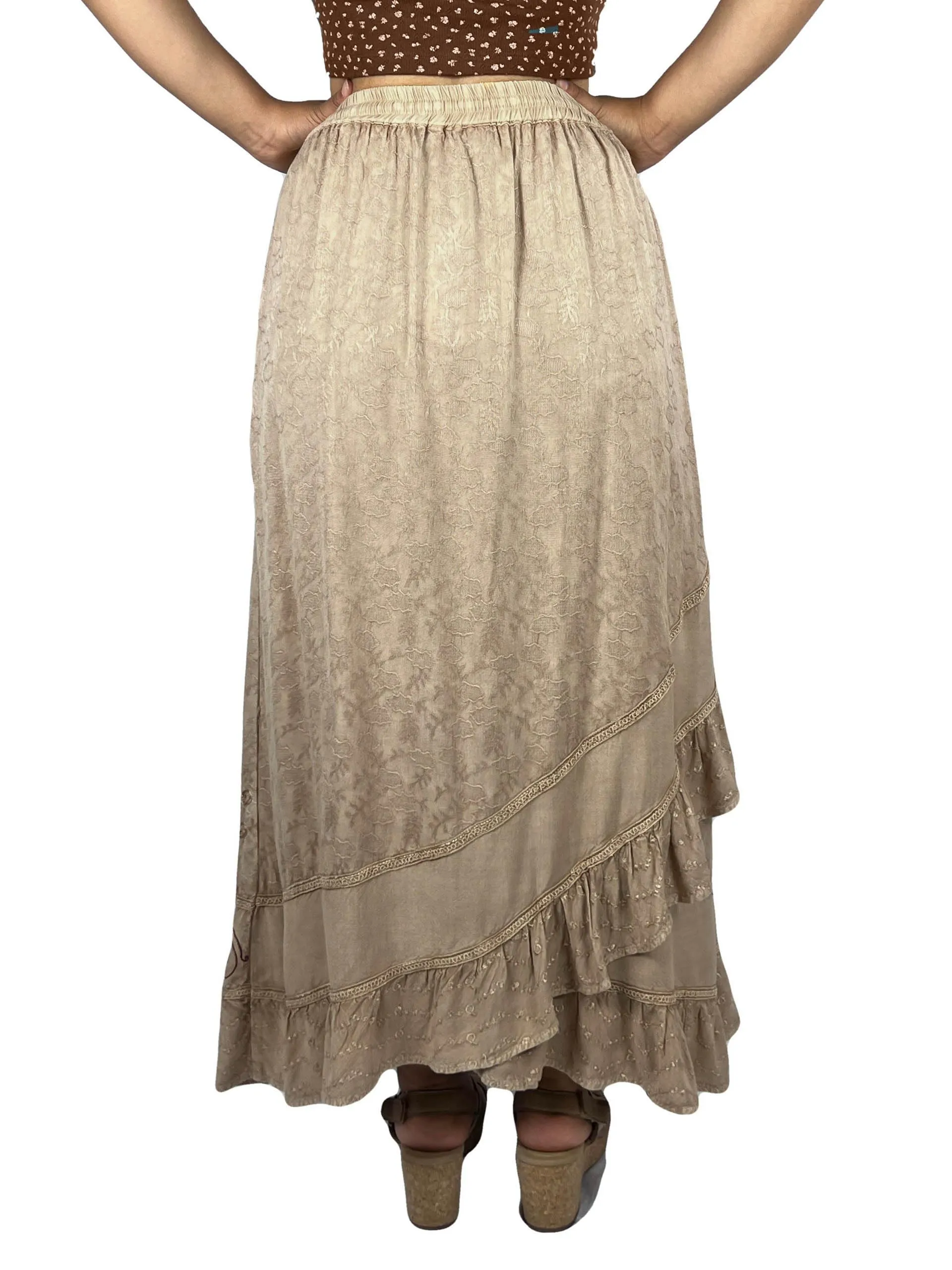 702 SKT Women's Boho Elastic Waistband Embroidered A Line Flared Maxi Skirt